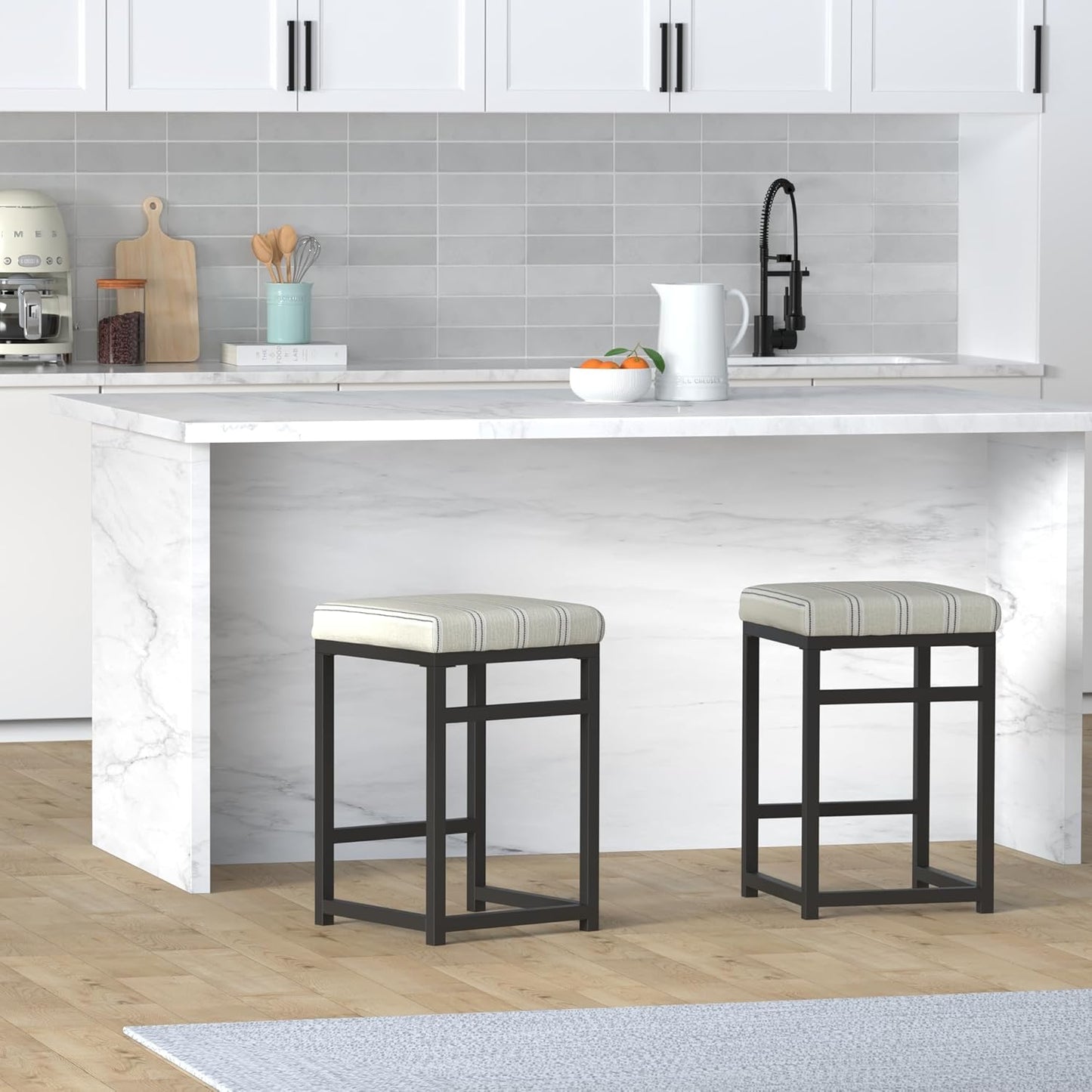 HomePop Home Decor | Modern 24-Inch Counter Stool | Backless Metal Frame Bar Stools Counter Height | Decorative Home Furniture, Black and White Stripe