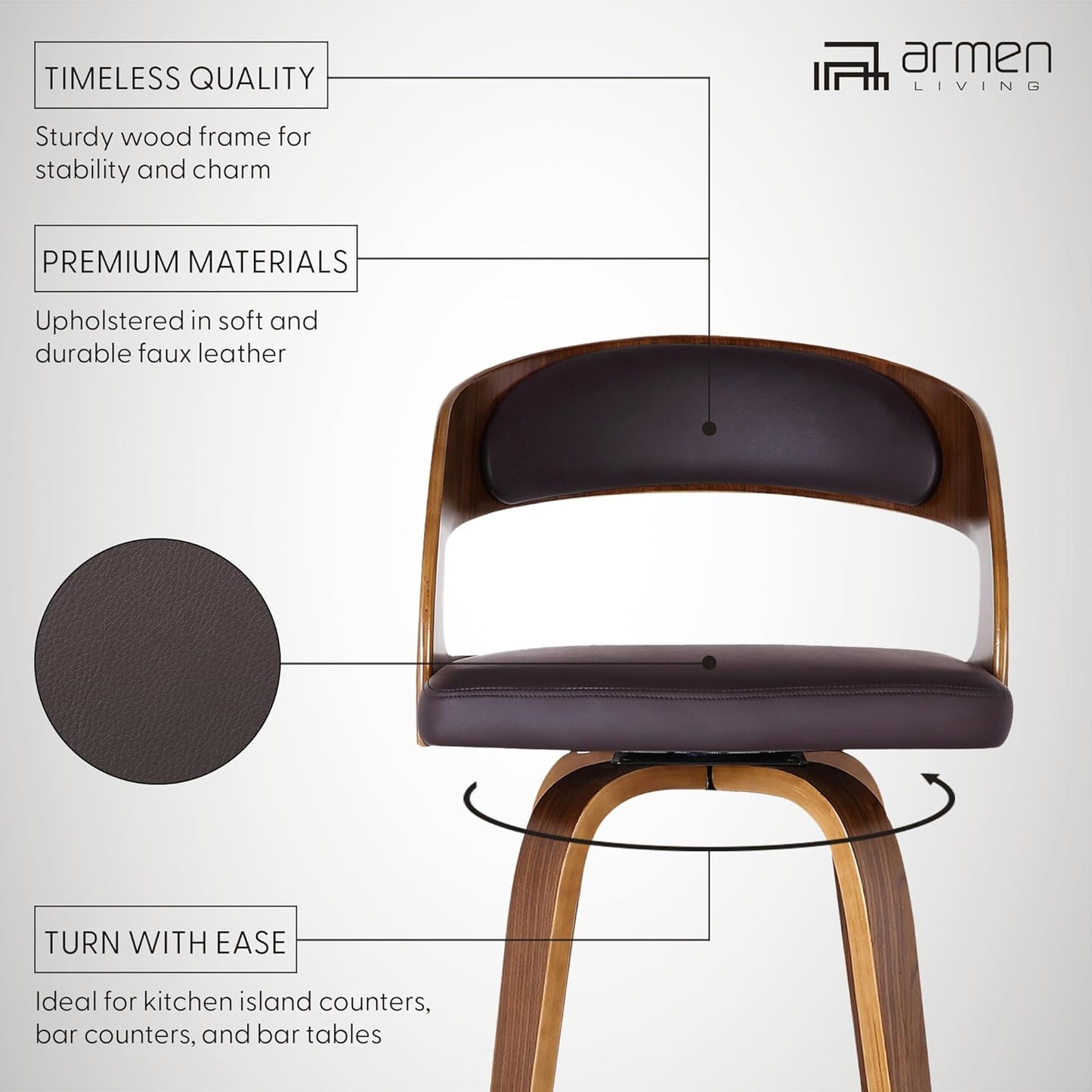 Armen Living Shelly 26" Counter Height Swivel Brown Faux Leather and Walnut Wood Bar Stool - Set of 3