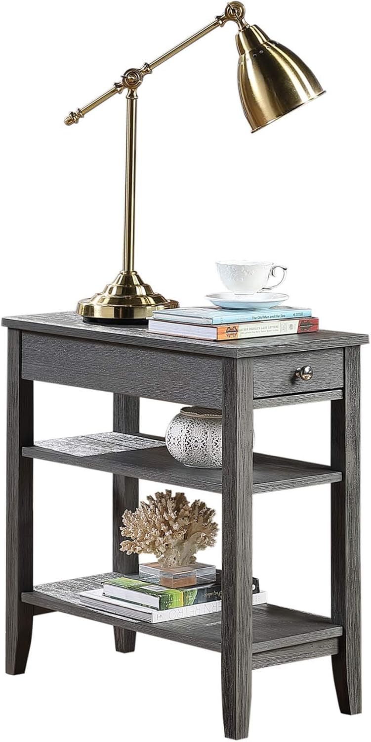 Convenience Concepts American Heritage Chairside End Table with Drawer 23.5" - Classic Living Room Table with Storage Shelf, Bedroom Nightstand, Wirebrush Dark Gray