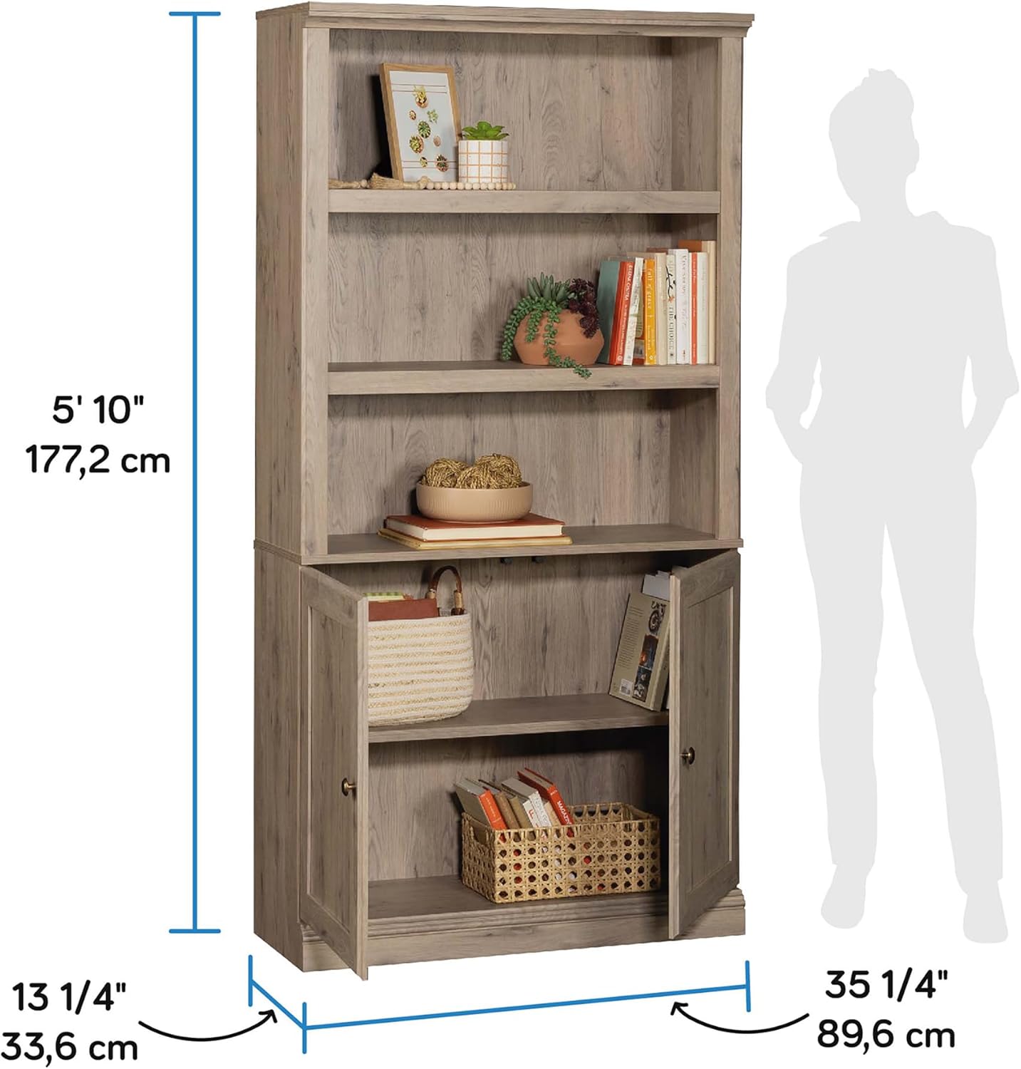 Sauder Miscellaneous Storage 5-Shelf Bookcase with Doors, L: 35.28" x W: 13.23" x H: 69.76", Laurel Oak Finish