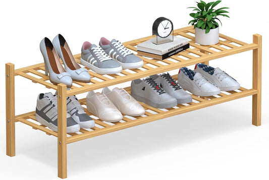 Haddockway Long 2 Tier Bamboo Shoe Rack Storage Organizer,Multifunctional Free Standing Stackable Shoe Shelf with Grid Panel for Closet,Hallway,Entryway,Small Space 34.2"x11"x13"(Natural, 2-Tier Long)