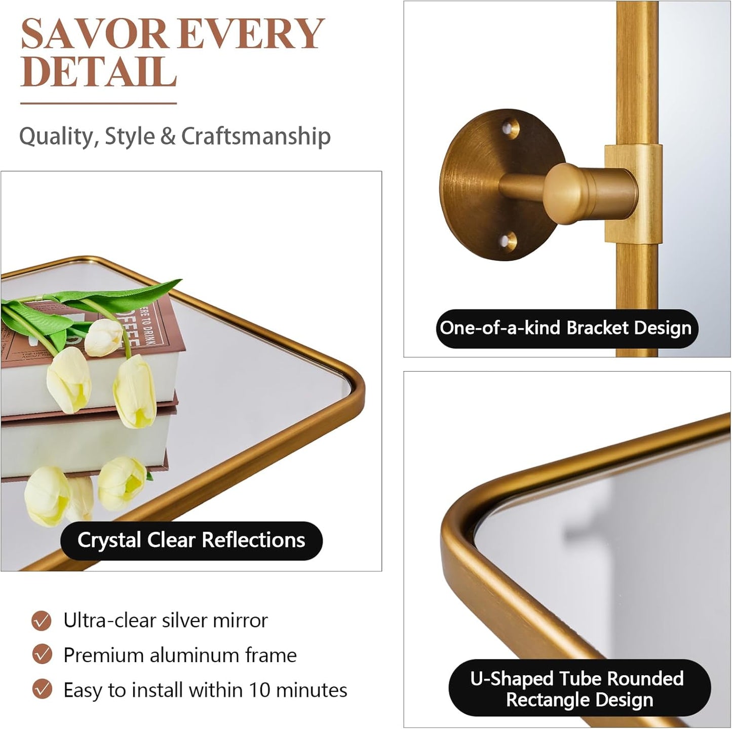 ANDY STAR Gold Pivot Mirror, 22" x 30" Brushed Gold Metal Frame Vanity Mirrors for Over Sink, Farmhouse Rectangle Bathroom Mirror with Adjustable Tilting Design Wall Mounted