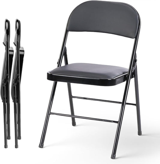 HealSmart 2 Pack Folding Chairs with Leather Padded Cushion Seats, Back & Sturdy Metal Frame, Stackable, Portable, Commercial Event Seat, Indoor Outdoor for Parties, Home Event, Office, Black