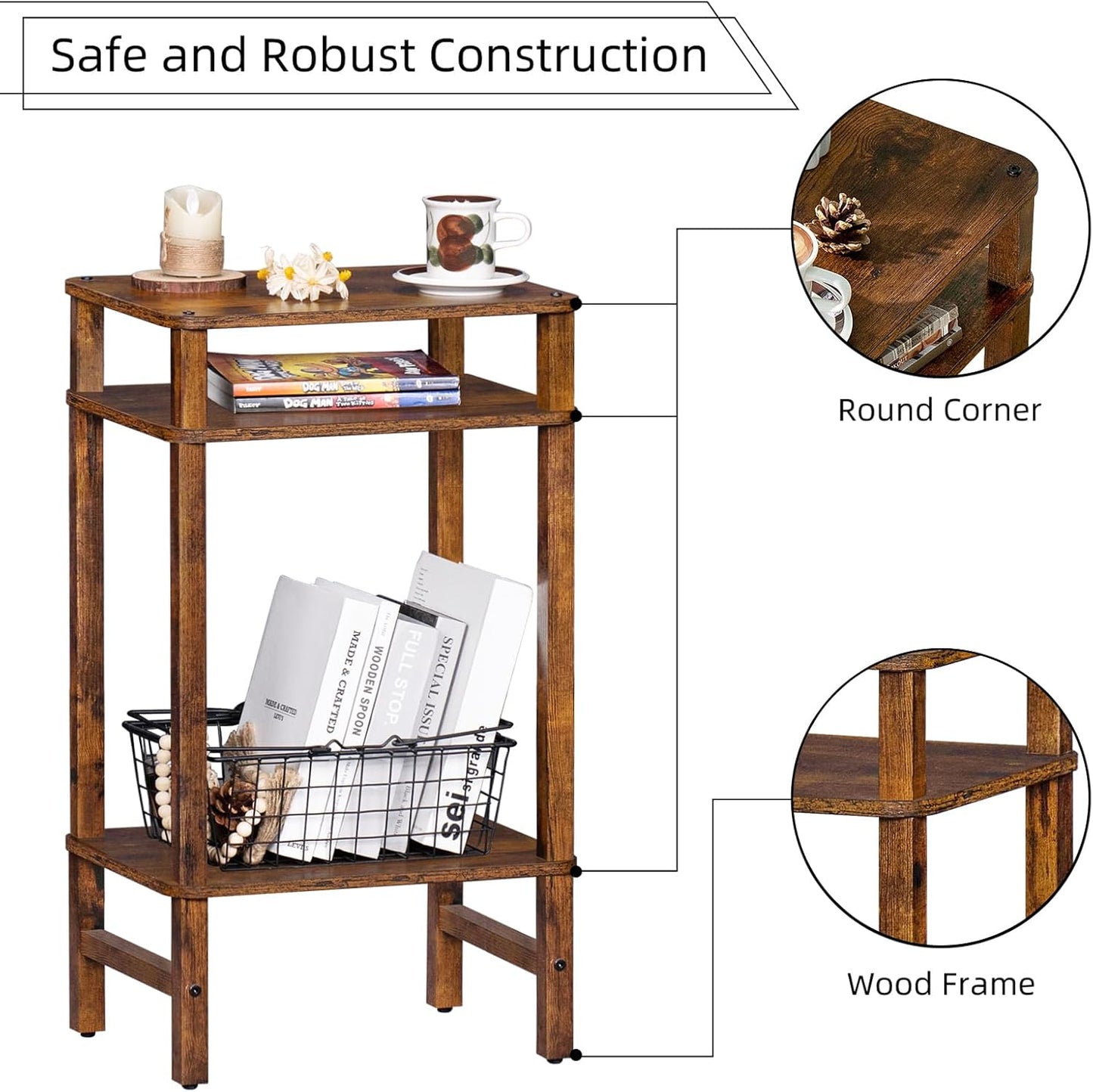 28in Tall Side Table Set of 2, 3-Tier Small Narrow End Table for Couch, Skinny Nightstand for Small Space, Farmhouse Slim Night Stand with Storage, Wooden Frame Thin Bedside Table, Brown