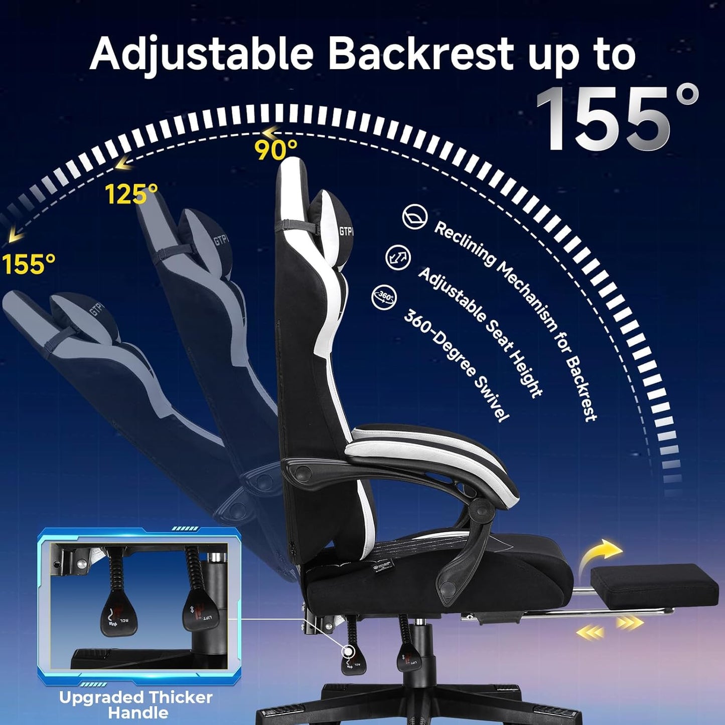 GTPLAYER Gaming Chair, Video Game Chairs with Footrest and Lumbar Support, Computer Chair for Adults with Extended Backrest, Ergonomic Reclining Silla Gamer, Fabric, Black