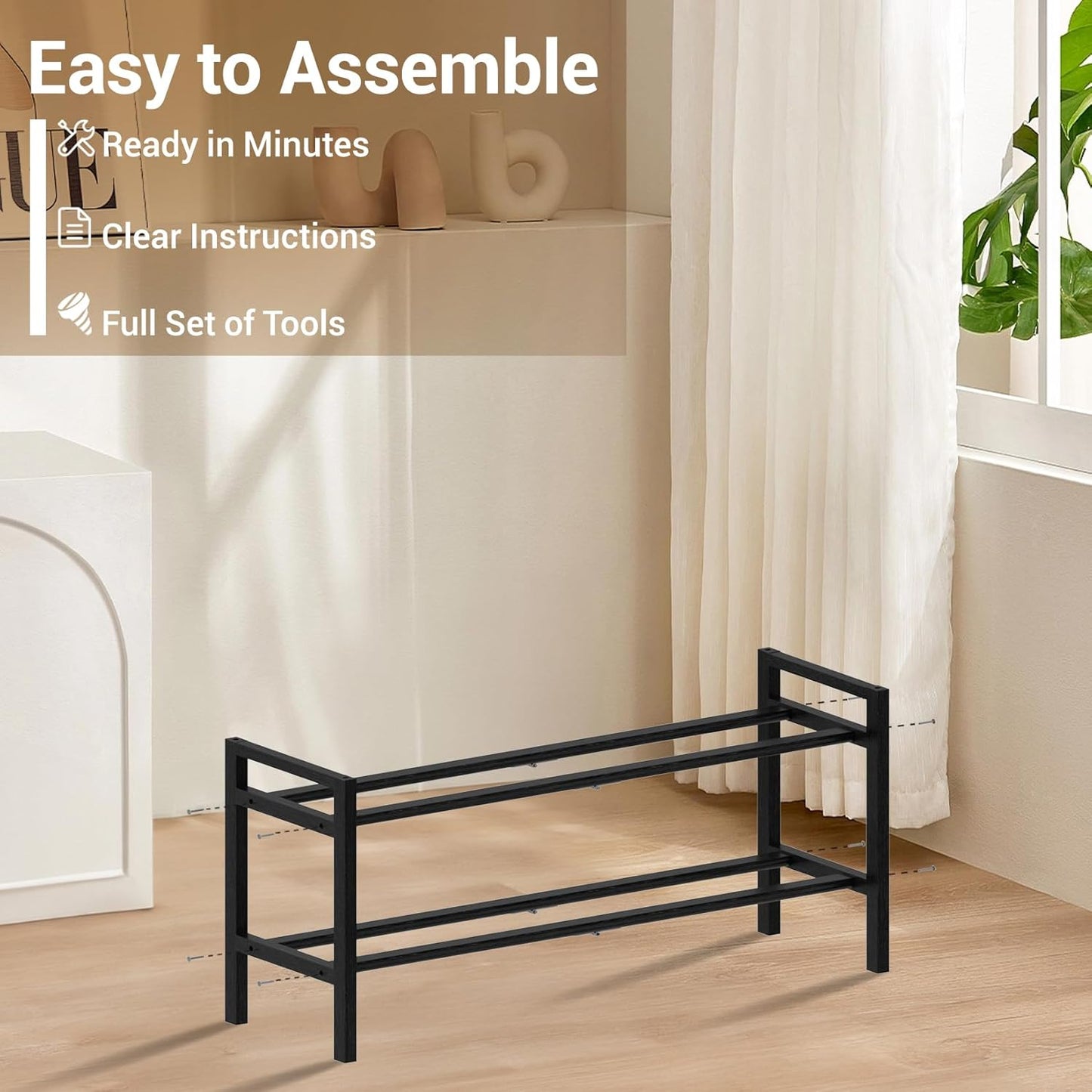 Haddockway Bamboo Shoe Rack for Closet, Free Standing Shoe Organizer with Smooth Round Rods & Convenient Handles, Stackable Shoe Storage Shelf for Entryway, Hallway(Black, 2-Tier)