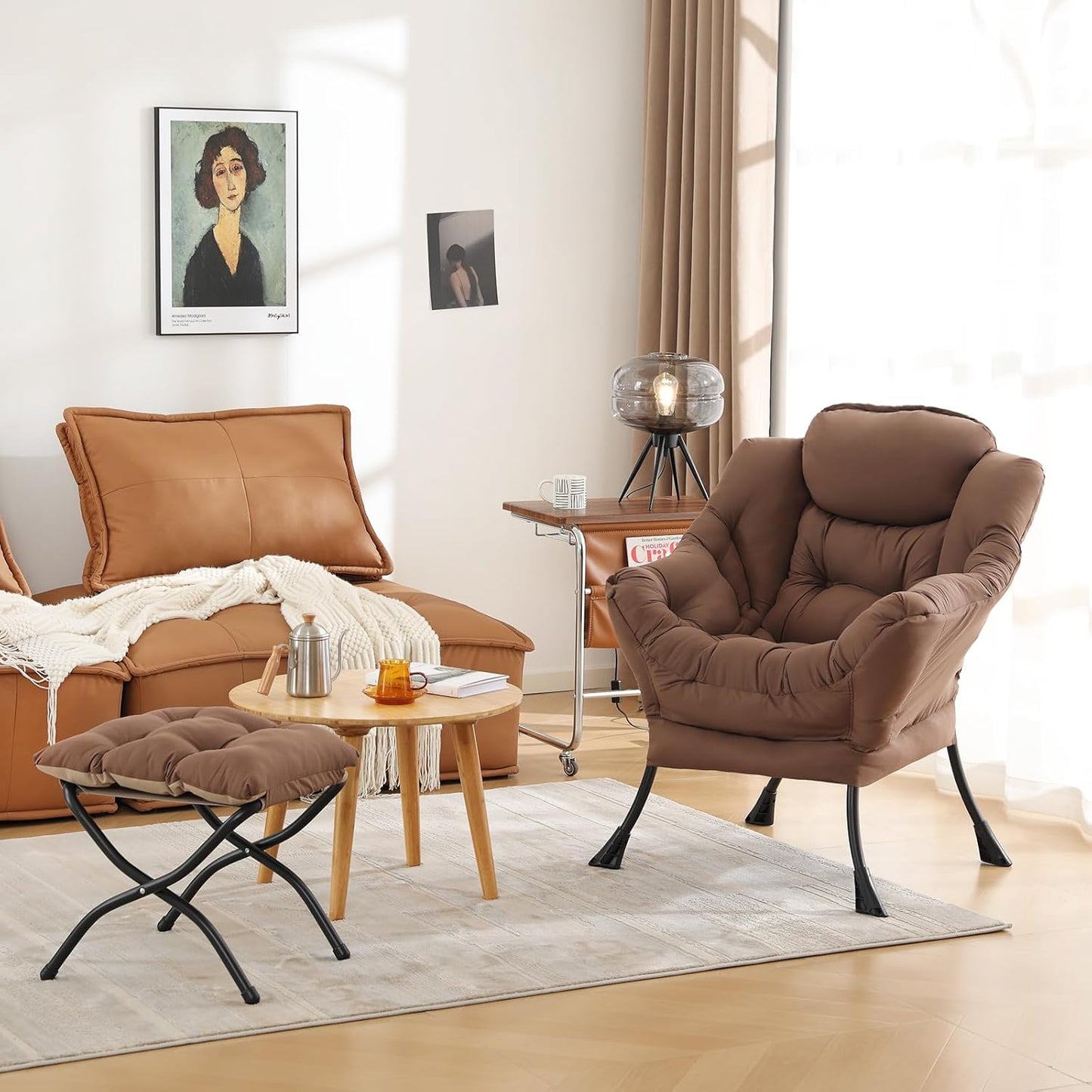 Cozy Lazy Chair and Ottoman, Large Contemporary Accent Lounge Chair Set, Leisure Upholstered Reading Armchair for Bedroom, Living Room, Dorm Rooms, Office