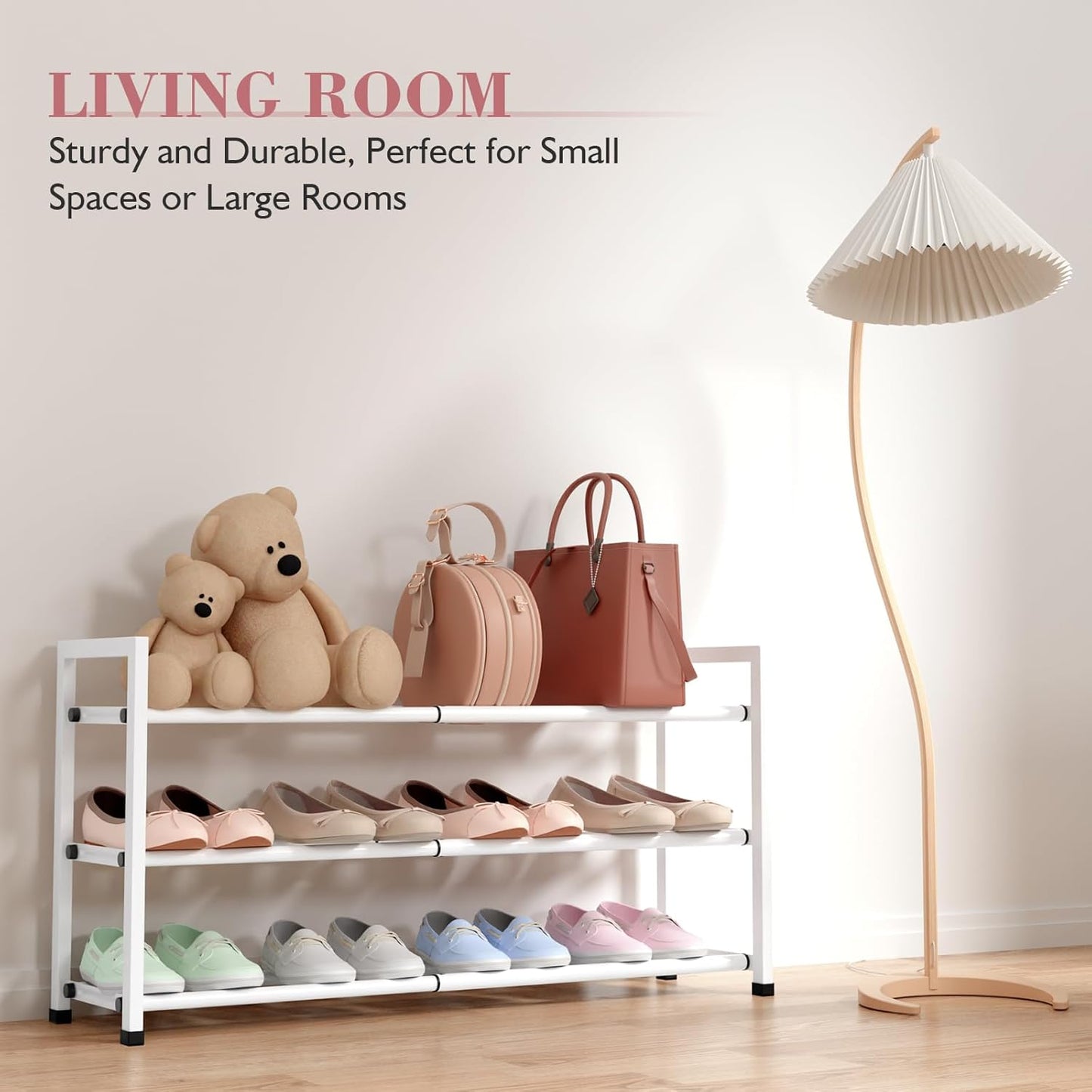 Bumusty 3-Tier Expandable Shoe Rack for Closet, 18“-33” Adjustable Shoe Rack for Small Space, Small Shoe Organizer for Front Door, Sturdy Metal, White