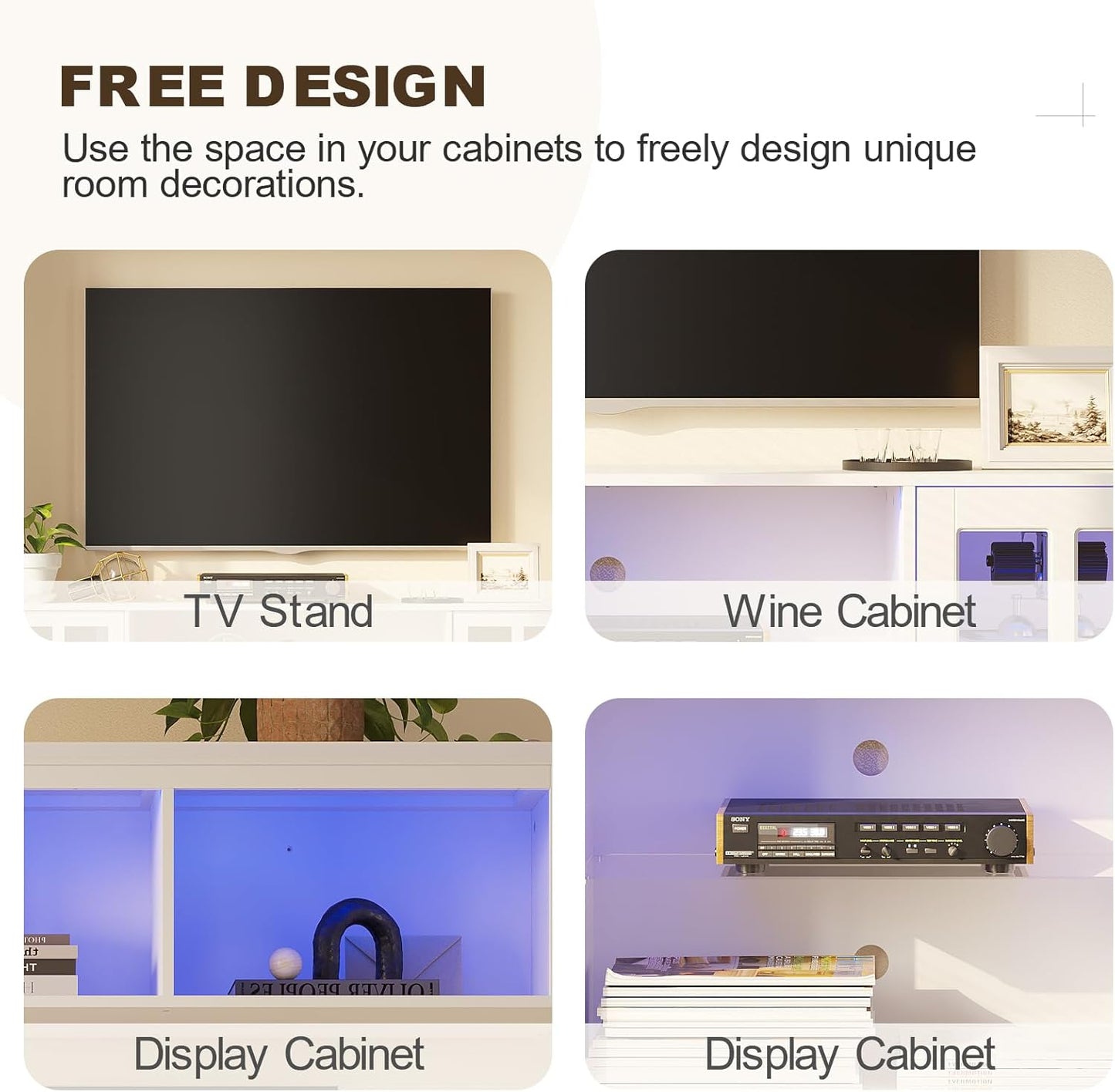 4-Piece Wall Unit TV Stand with Storage & LED Lights for TVs up to 75", Modern Entertainment Center with Bookshelves & 8-Door Pantry Cabinet, White