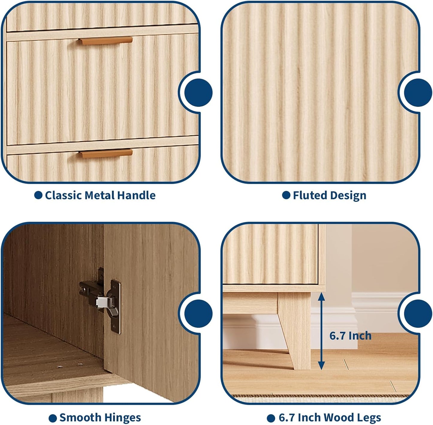 Garvee 47.2" Fluted Buffet Cabinets with Storage, Sideboard Storage Cabinet with 3 Drawers and 2 Doors, Modern Mid Century TV Stand Coffee Bar Furniture for Living Room, Kitchen, Entryway- Oak