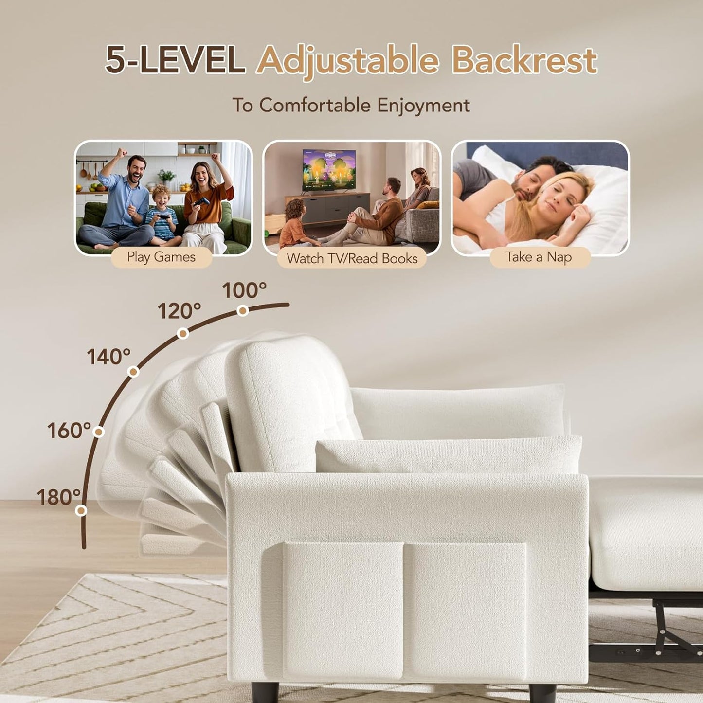 Vipbear 3-in-1 Chenille Convertible Sofa Bed, Pull Out Sleeper Sofa with Reclining Backrest & Side Pocket, Tool-Free Assembly, Folding Loveseat for Living Room, Apartment, White