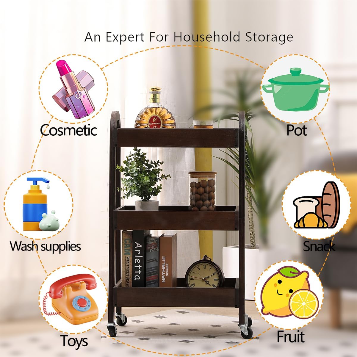 3 Tier Rolling Craft Cart Slim Rolling Storage Cart Wooden Cart on Wheels Bathroom Organizer Rolling Utility Cart Mobile Shelving Unit for Kitchen Bathroom Laundry Narrow Places (Black)