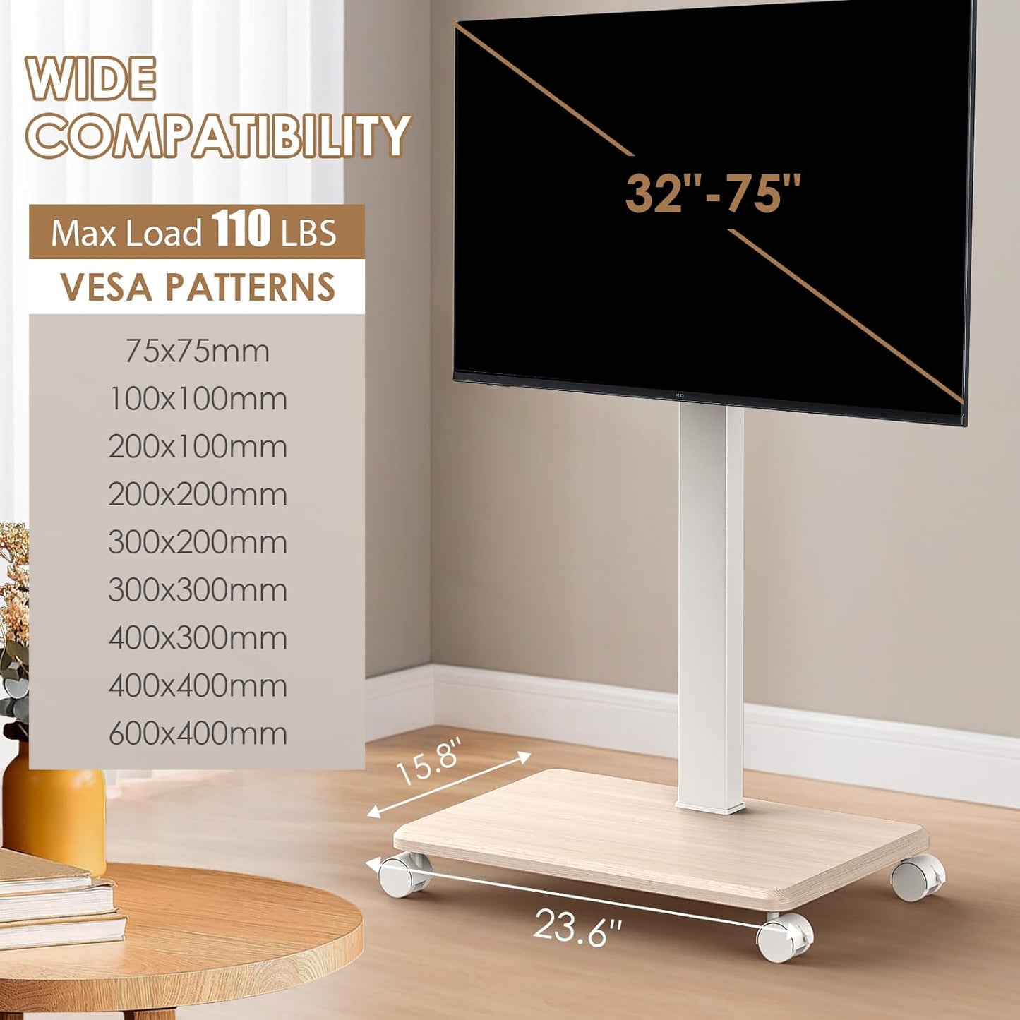 Rolling TV Stand Portrait for 65 70 75 Inch TVs, Tilt and Swivel Mobile TV Cart on Wheels up to 110 Lbs, 6 Height Adjustable PortableTV Stand, Max VESA 600x400mm White