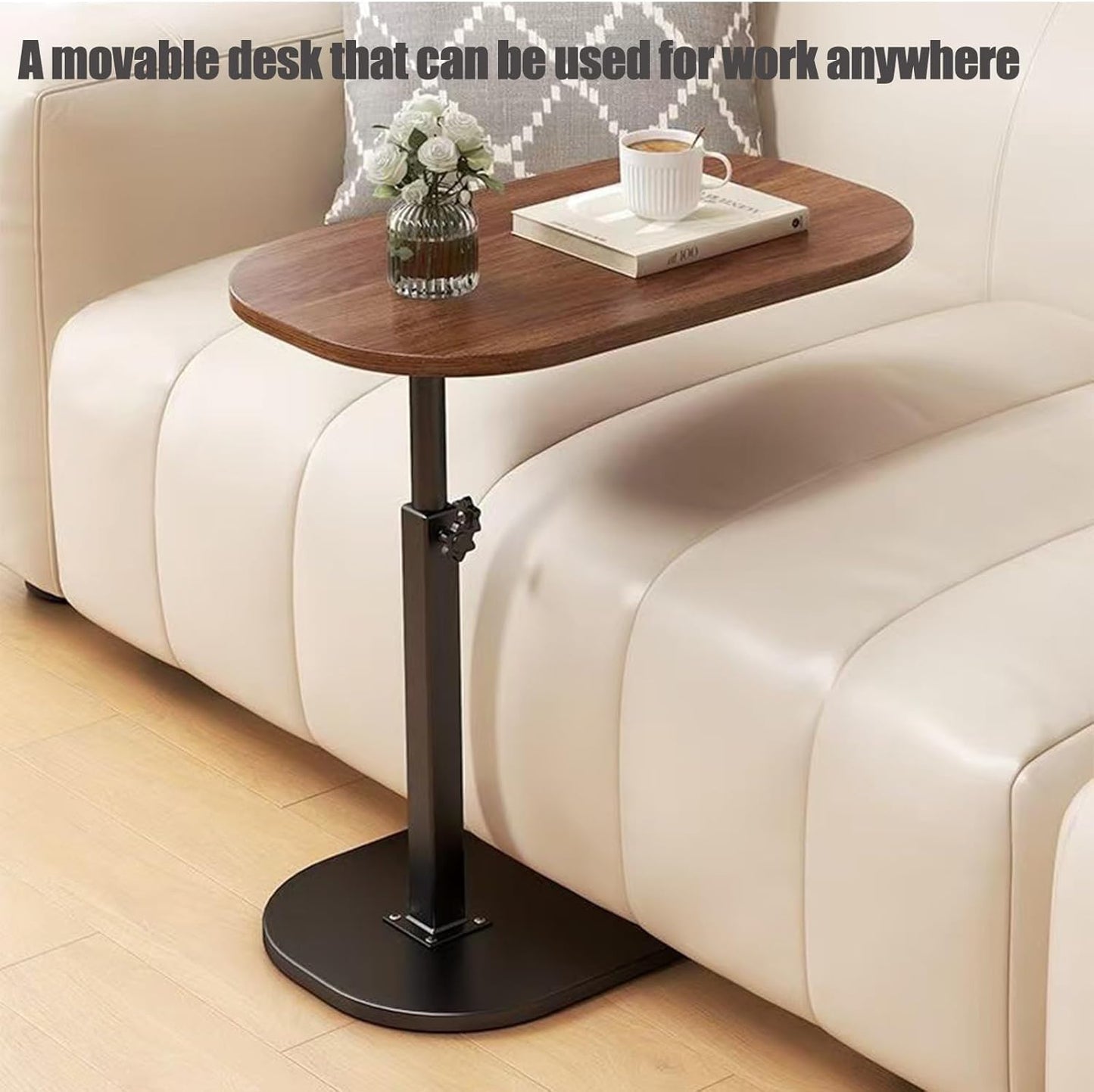 Pedestal C-Shaped Adjustable Small End Tables for Small Spaces Side Table，Desktop can Turn 360° and The Height of The Sofa Side Table can be Adjusted（Walnut Desktop + Black Bottom）