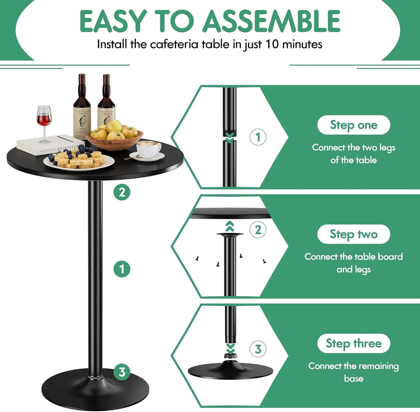 Shahoo Round Bar Table, Cocktail Tables with Metal Base & MDF Top, for Bistro Pub, Cafe, Black