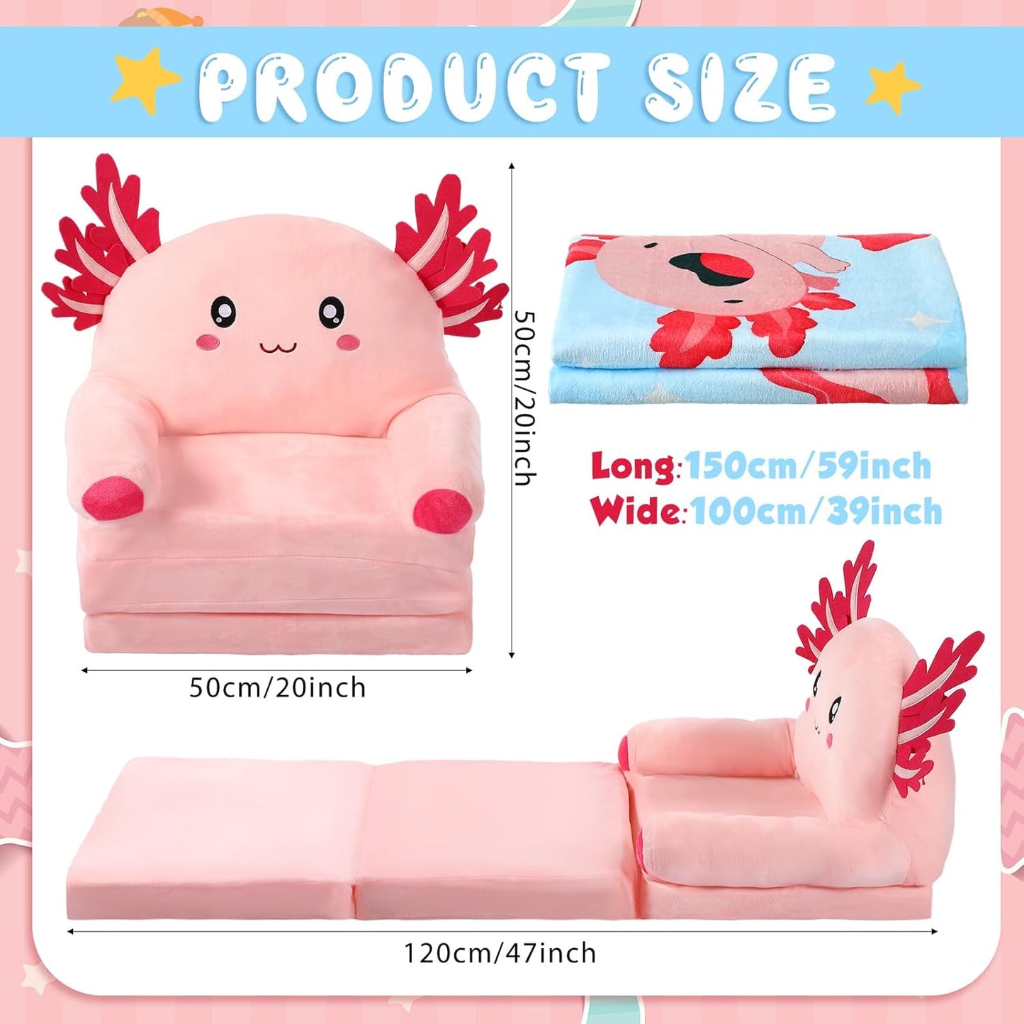 Axolotl Kids Couch Fold out 2-in-1 Toddler Sofa Fold out with Blanket, Soft Toddler Chair Comfy for Boy Girl Baby, Convertible Sofa to Lounger for Napping Reading Playing Christmas, Light Pink