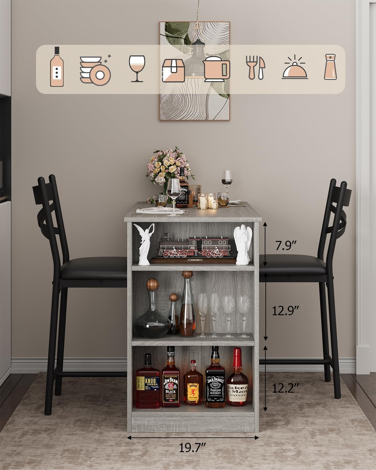 Garvee Bar Table and Chairs Set, 3 Piece Bar Table Set with with Flip Top Extension and Storage Shelves, Dining Table Set for 2, Suitable for Small Space Kitchen Apartment, Grey