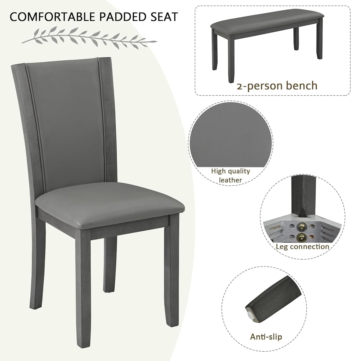 Ball & Cast 6 Piece Dining Table Set with 4 Upholstered Chairs & 1 Bench,Farmhouse Wooden Living Room Furniture for 6 W/ 58.5" Rectangle Kitchen Desk,for Restaurant,Home Bistro,Dining Room,Gray