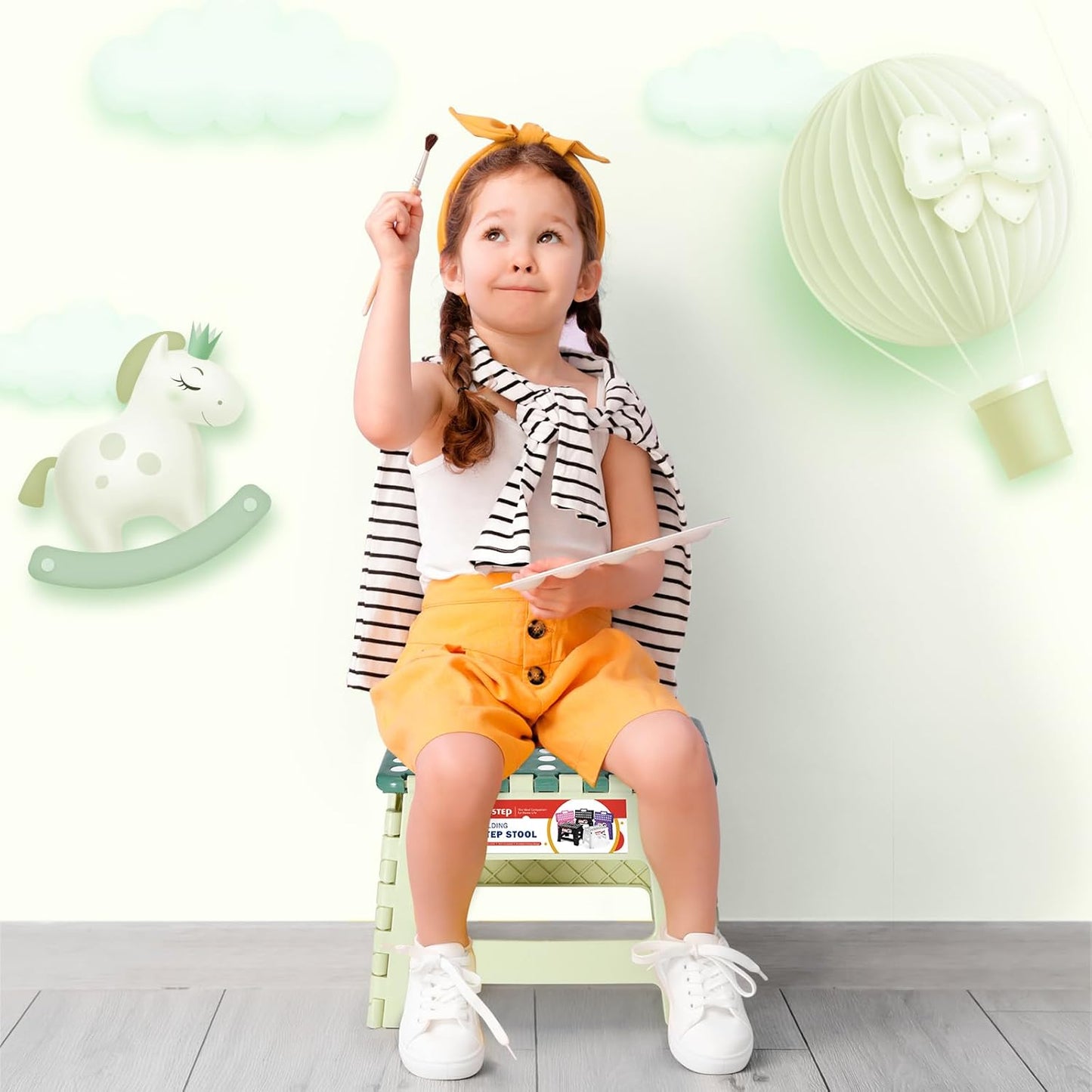 ACSTEP 9 Inch Folding Step Stool 300 LB Capacity Plastic Foldable Step Stools for Kids and Adults, Folding Stool Suitable for Kitchen, Stepping Stool with Handle Bicolor Green Small Step Stool 1PC