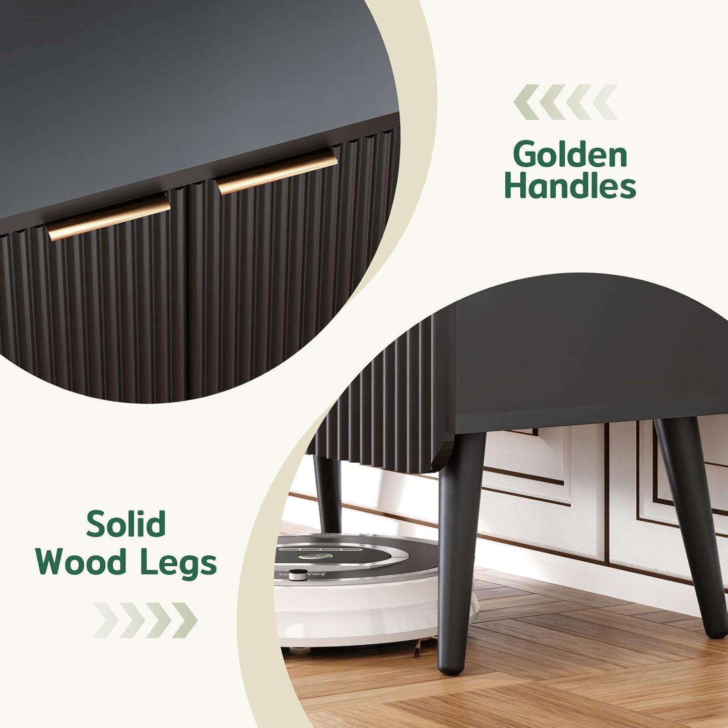 23.6" Sideboard Cabinet with 2 Doors, Modern Buffet Cabinet with Adjustable Shelf, Dining Room Sideboard, Fluted Buffet Sideboard for Living Room, Hallway, Entryway, Black