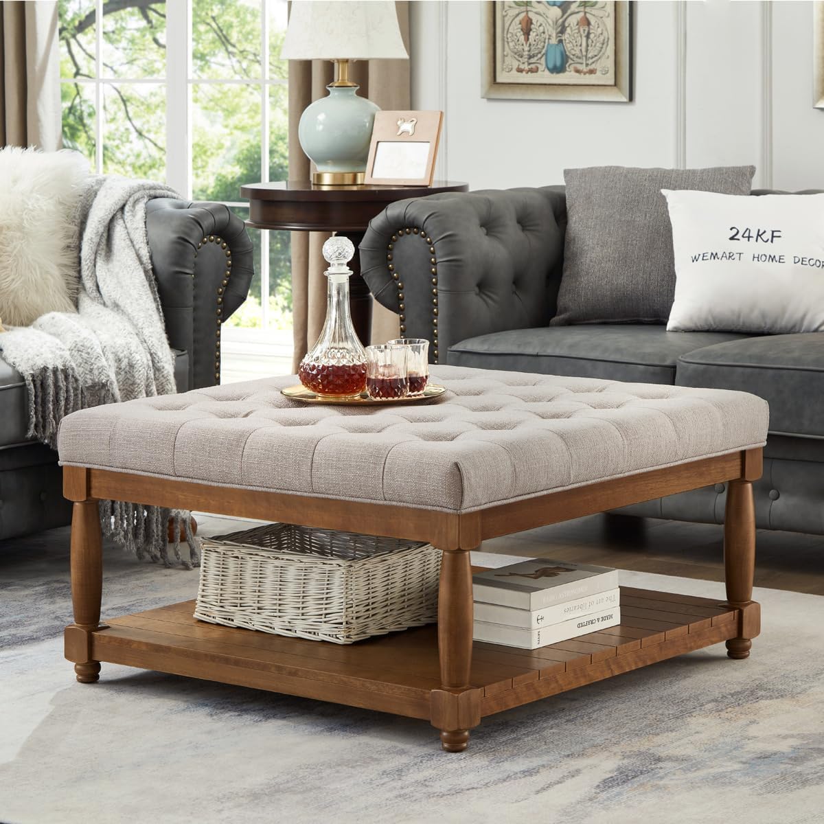 24KF Upholstered Square Coffee Table with Wooden Shelf, Tufted Button Large Square Ottoman with Spindle Wooden Legs, Linen Large Footrest Ottoman Pouf for Living Room, Linen