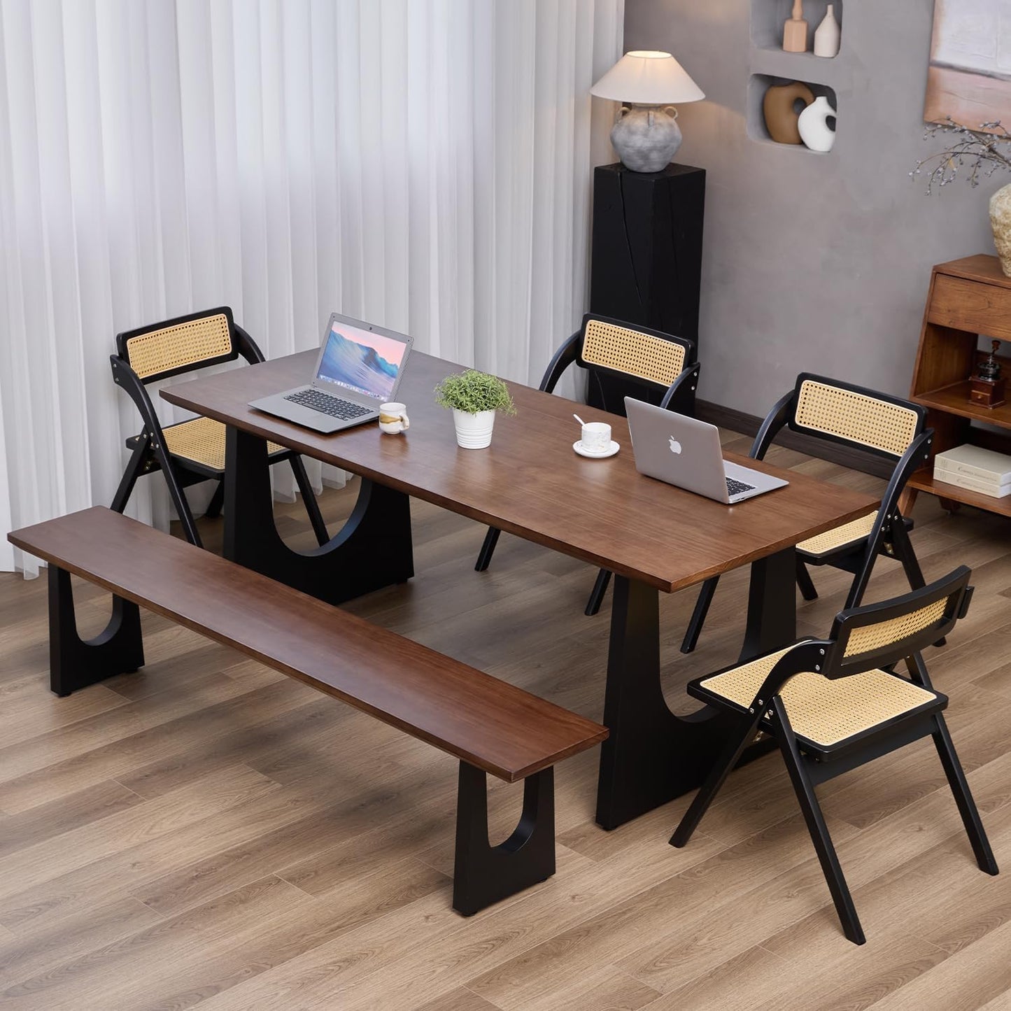 Walnut Color Long Bench Solid Wood Top Metal Legs U-Shaped Design Durable Sturdy Dining Bench Ideal for Office Home Restaurant Patio Multiple (Bench, 70.87in)