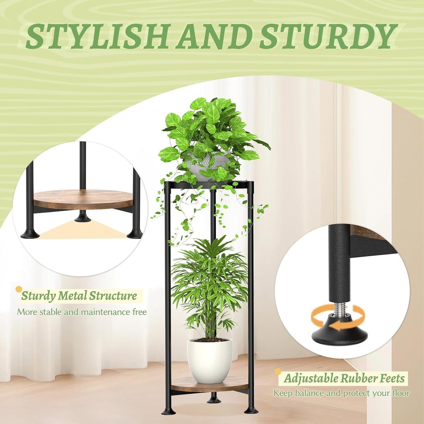 KMOTASUO 2 Tier Black Plant Stand Indoor for Large Tall Heavy Duty Planter, Multiple Sturdy Metal Flower Corner Rack for Narrow House Floor, Iron Vertical Level Round Orchi Holder Organizer, Modern