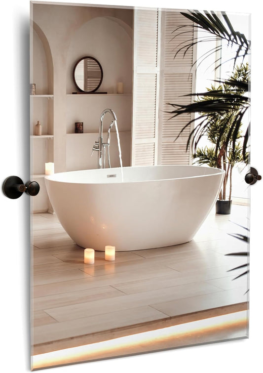 Hamilton Hills 30x40 inch Frameless Pivot Mirrors for Bathrooms with Oil Rubbed Bronze Rounded Wall Brackets - Rectangular Tilting and Farmhouse Wall-Mounted Vanity - Hangs Horizontally and Vertically