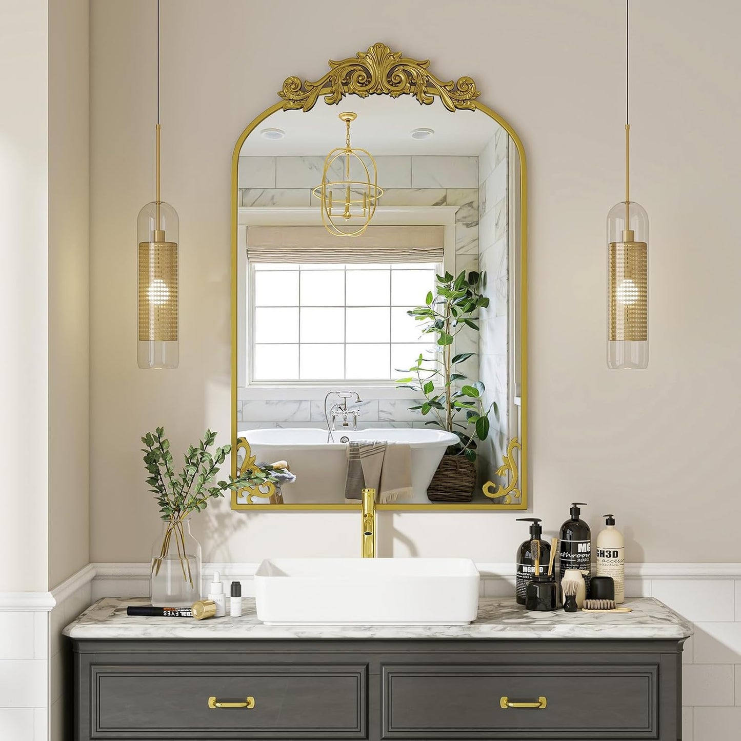 26x38 inch Vintage Arched Bathroom Mirror - Gorgeous Wall Vanity Mirror with Beautiful Retro Top and Bottom Engraving Process Frame for Entryway Hallway Living Room, Gold