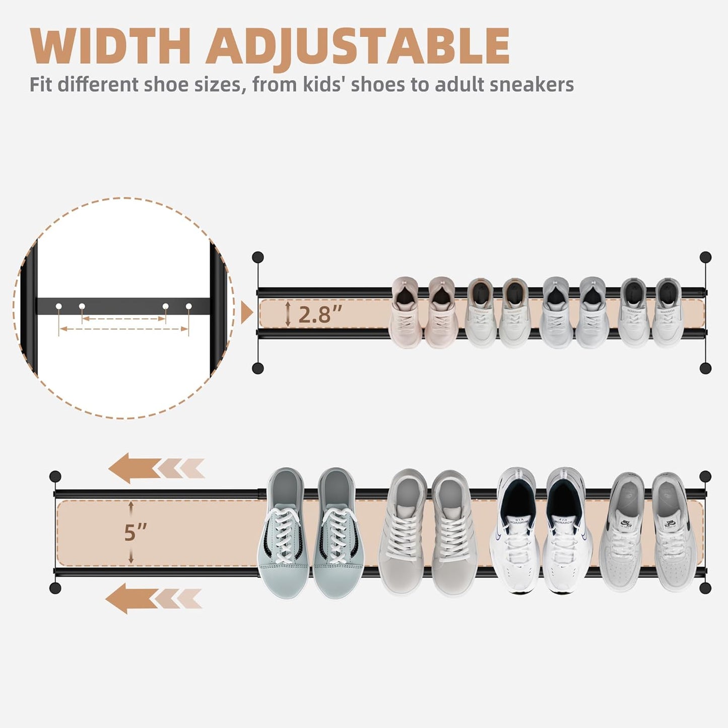 STORAGE MANIAC Long Expandable Shoe Rack, 6 Pairs Metal Wide Stackable Shoe Rack, Adjustable Shoes Shelf, Freestanding Shoes Organizer for Closet, Entryway, Hallway, Garage, Front Door, 1 Tier