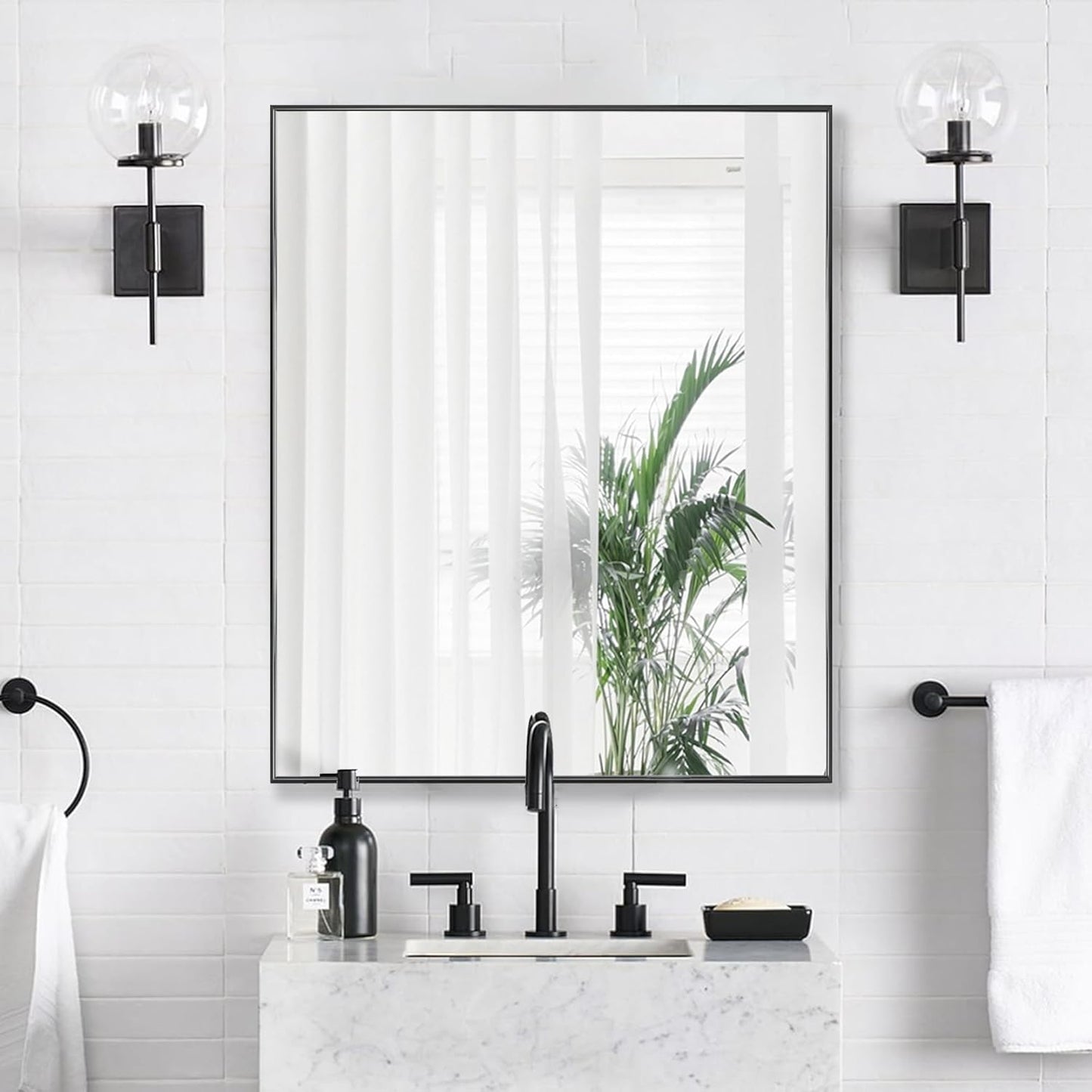 24x32 Inch Black Bathroom Mirror for Wall, Aluminum Frame Rectangle Rectangular Vanity Mirror, Modern Large for Bedroom, Living Room, Horizontal or Vertical