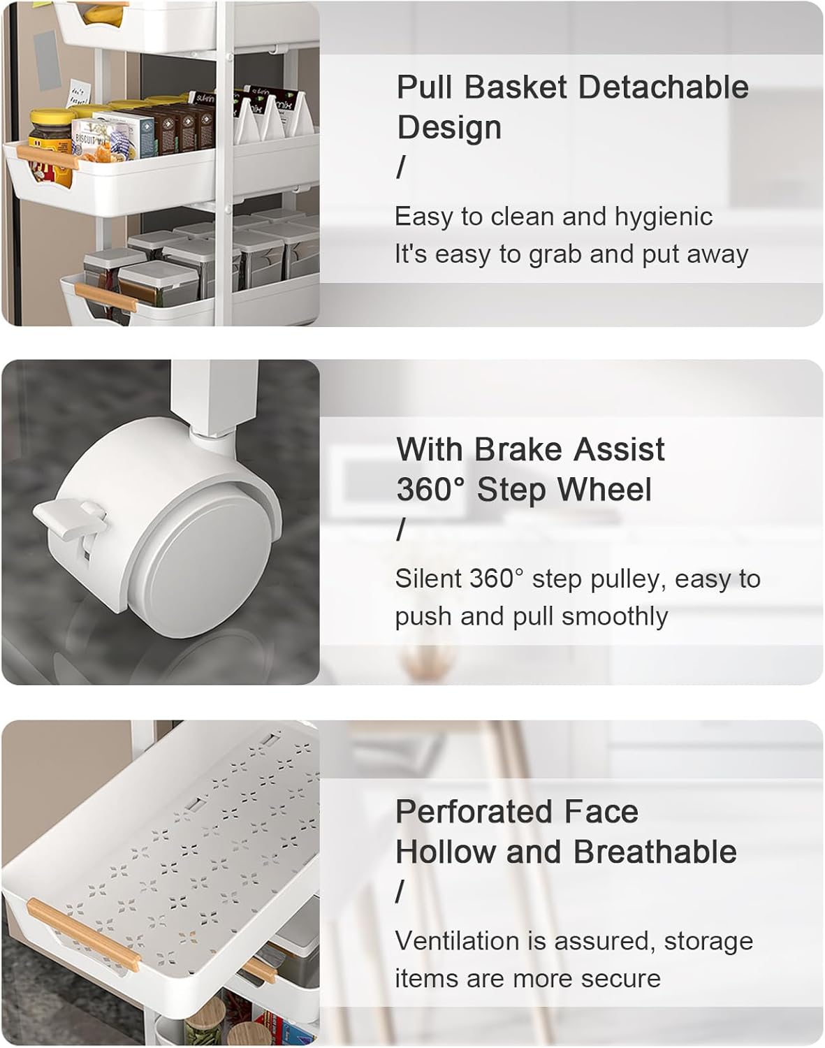 Aupekro 5-Tier Rolling Storage Cart with Wooden Top, Narrow Metal Kitchen Storage Cart, Versatile Mobile Shelving Unit Trolley, Pantry Utility Cart with Pull-Out Drawer (White)