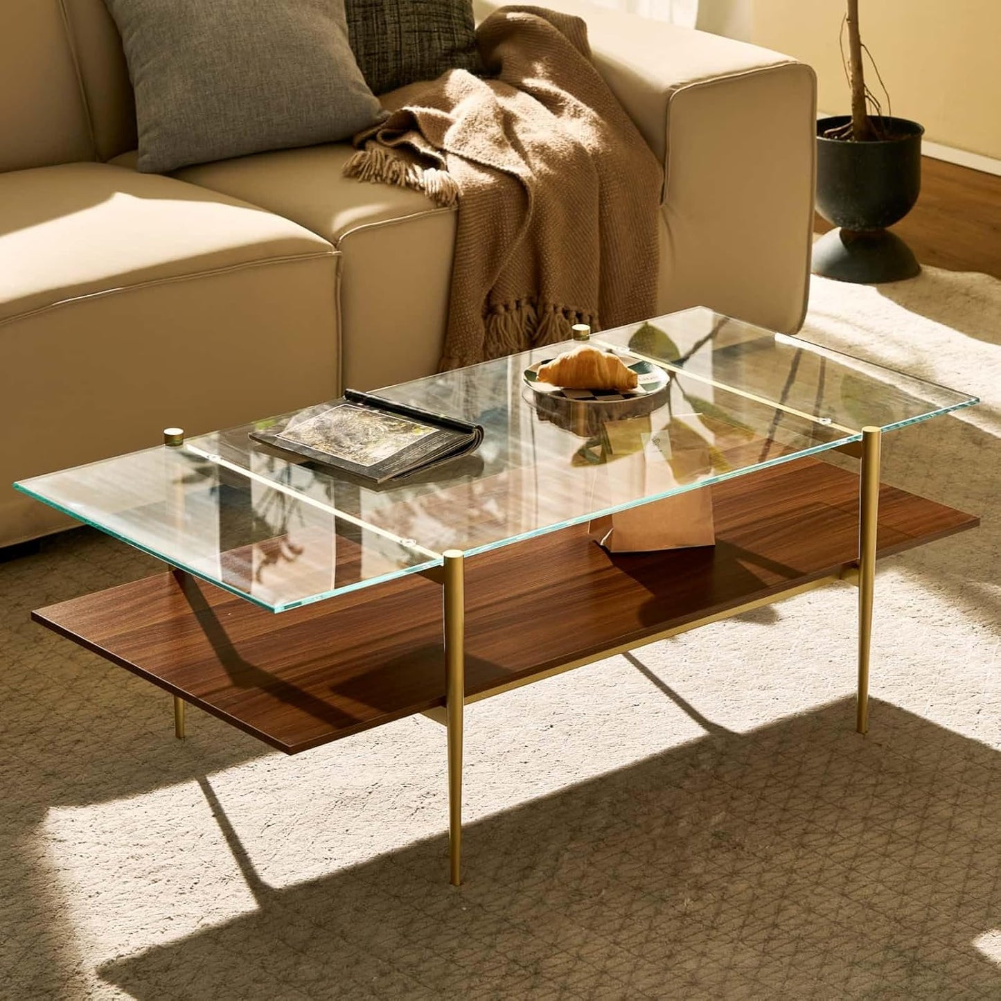 AGV LIGHTING Tadio Large Glass Coffee Table, Mid-Century Modern Coffee Table for Living Room, Gold Finish Leg, Clear Glass Top & Walnut Brown Shelf, 47 in