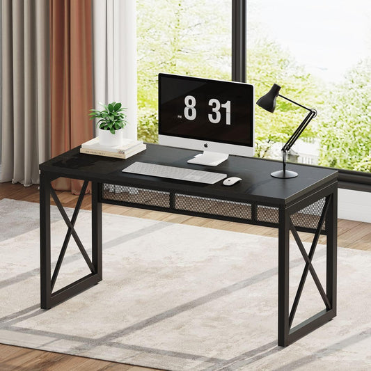 BON AUGURE Black Desk, Wood Computer Desk, Industrial Office Desks, Sturdy Writing Desks for Bedroom, Home Office, Living Room Study Workstation (Black, 54 Inch)