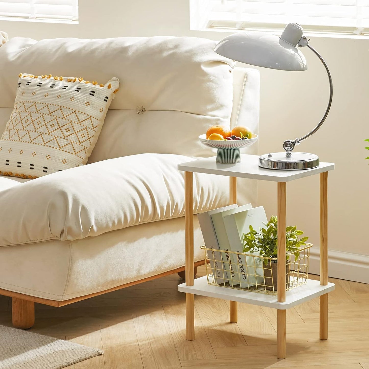 IBUYKE 2-Tier Side Table, Solid Wood Tall End Table with Storage Shelves, Nightstand Bedside Table for Living Room Bedroom Office, No-Tool Assembly, White UWST002W