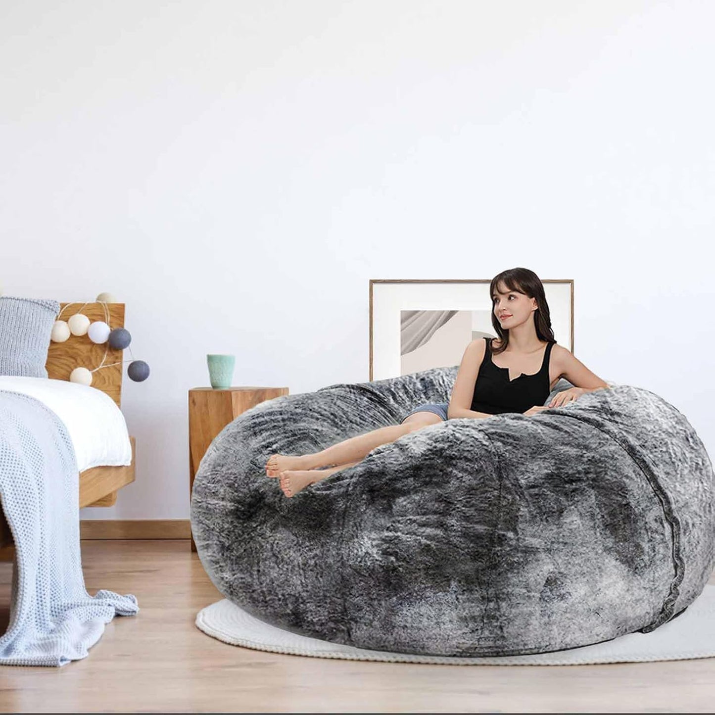 Bean Bag Chair for Adults Kids Without Filling Comfy Fluffy Giant Round Beanbag Lazy Sofa Cover for Reading Chair Floor Chair, 7FT, Dark Grey