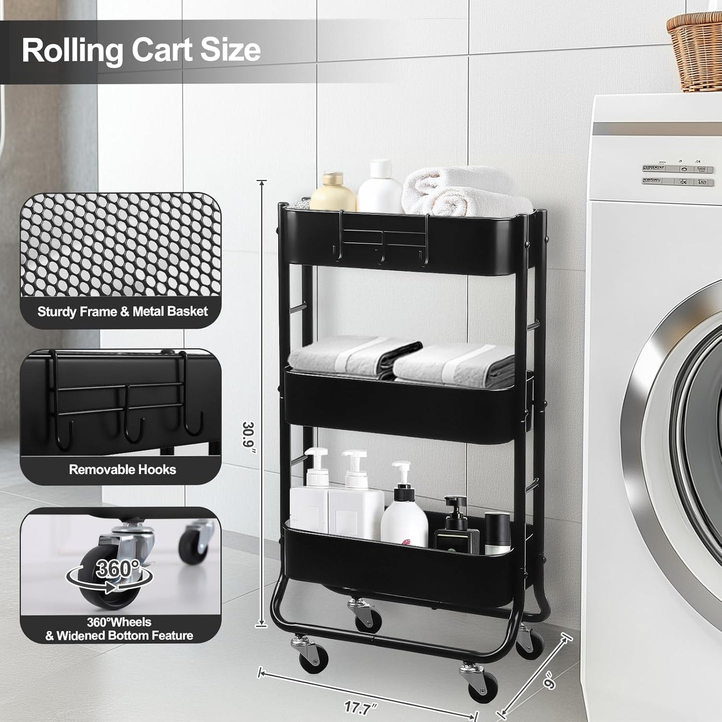 MAX Houser Slim 3-Tier Rolling Utility Cart, Narrow Metal Bathroom Storage Multifunctional Organizer Carts with Wheels with Extra Hook, Laundry Room,Kitchen,Small Space(Black)
