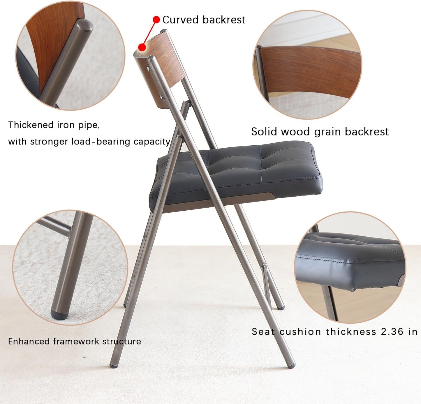 2 Pack Folding Chairs with Thick Padded Seat,Heavy Duty Steel Frame Foldable Dining Chairs with Soft Cushion Set of 2,Portable Indoor Outdoor for Home Kitchen,Office,Events,Wedding(Black)