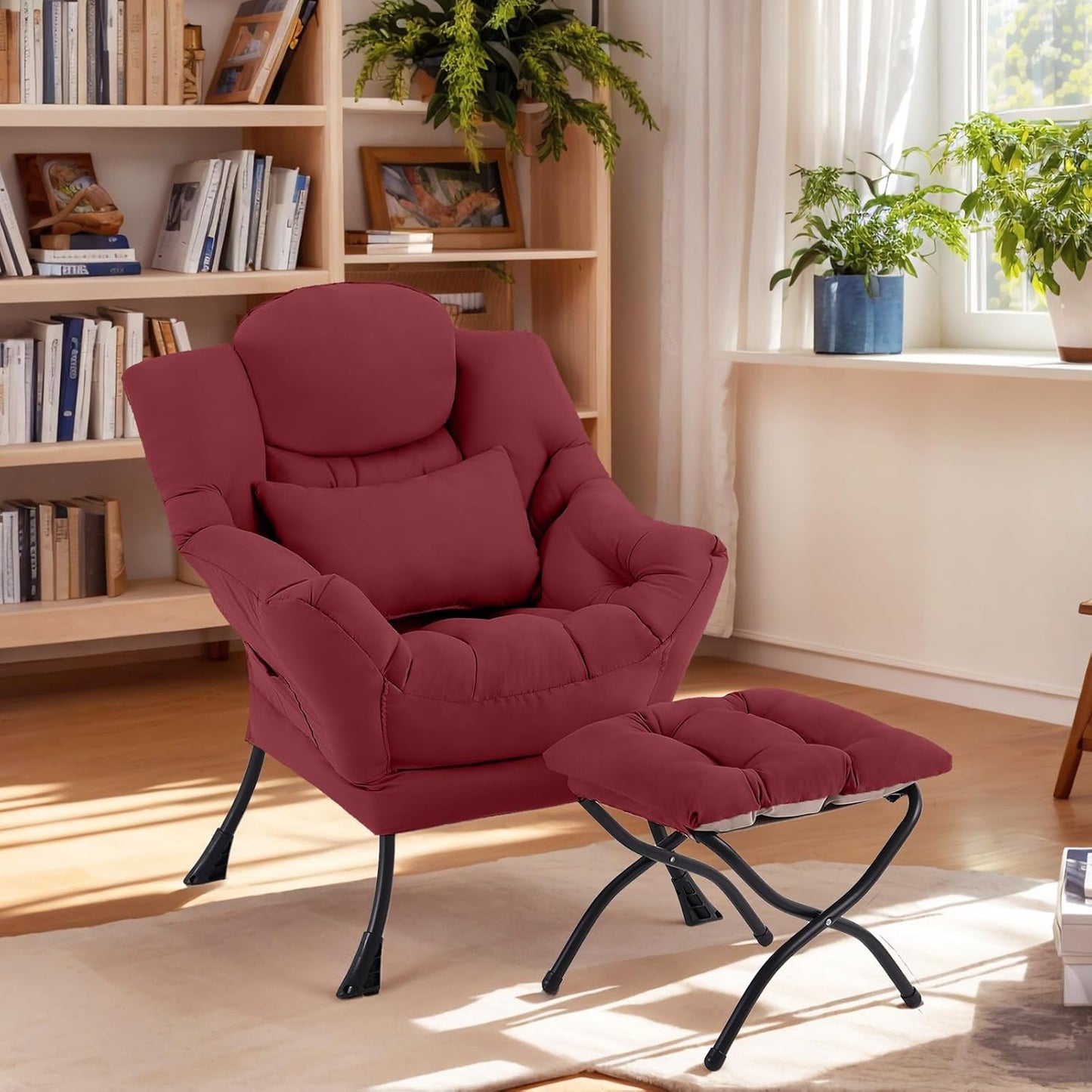 Lazy Chair with Ottoman, Comfy Fabric Accent Lounge Armchair with Lumbar Pillow and Folding Footrest, Reading Leisure Sofa Chair for Bedroom, Living Room, Dorm,Burgundy
