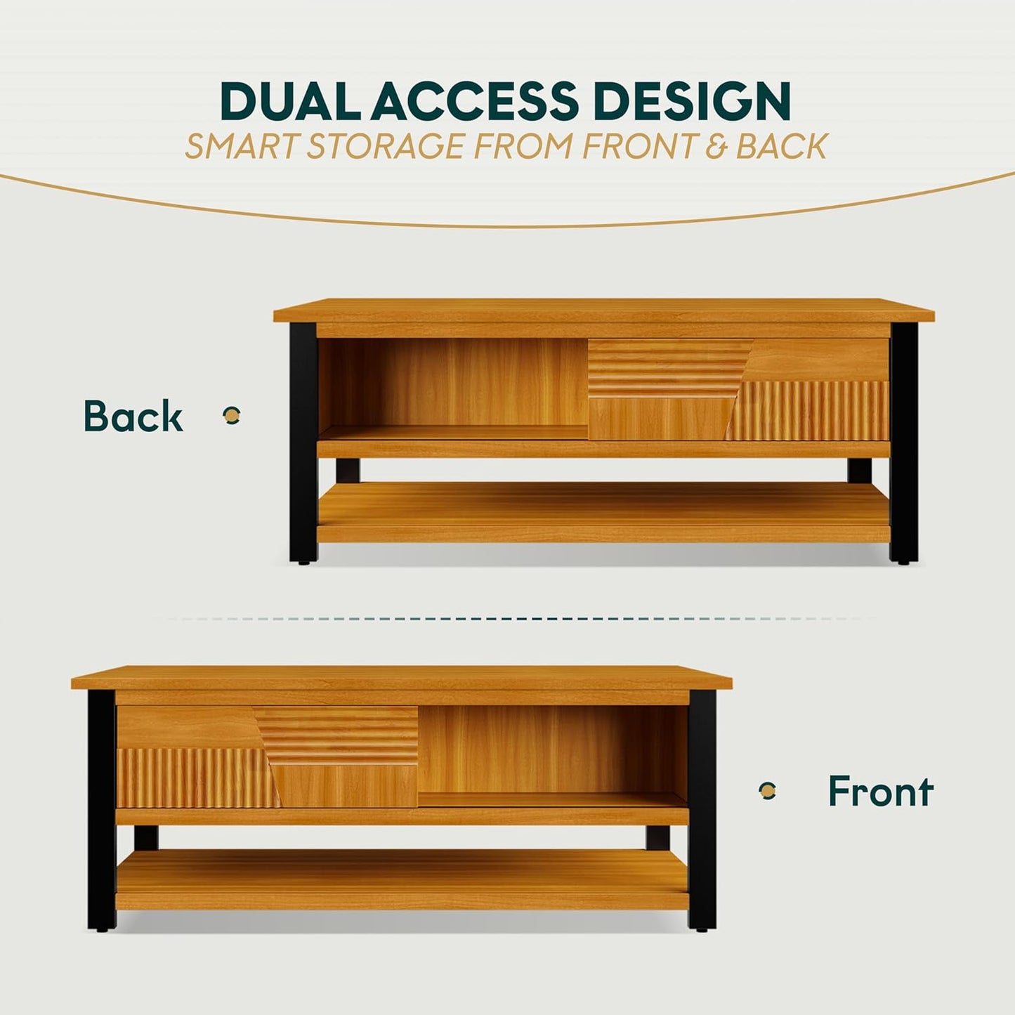 Bme Trapeze Coffee Table for Living Room – Modern Wooden Center Table with Storage, Metal Legs, Large Teak Brown Coffee Table for Stylish Living Room Furniture Setup