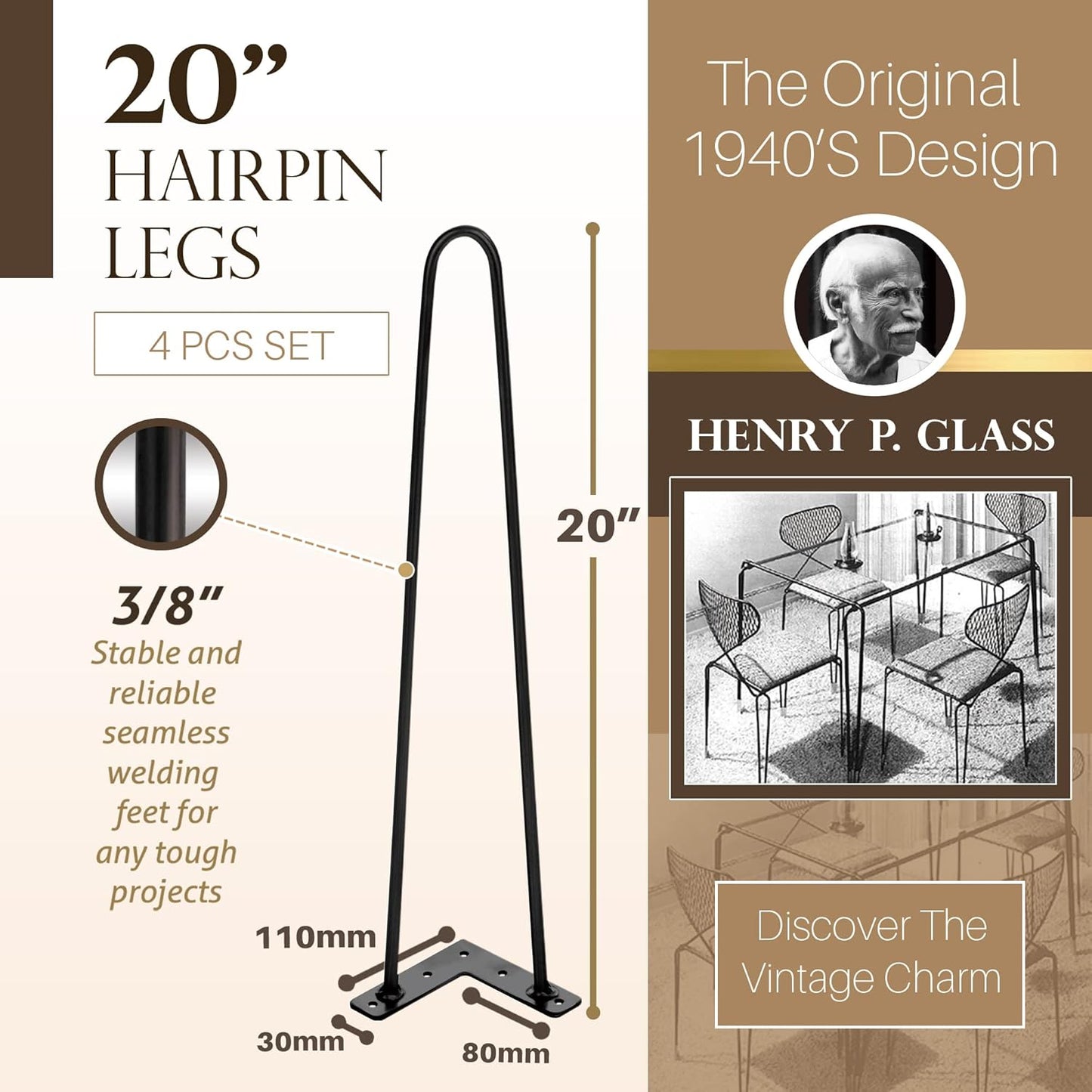 TEN49 Heavy Duty Hairpin Table Legs - 20 Inch Industrial Black Furniture Legs - Solid Rods Metal Legs for Table - Fit for Mid-Century Modern Desk, Bed End, Coffee Table Feet, TV Stand, Chair Legs