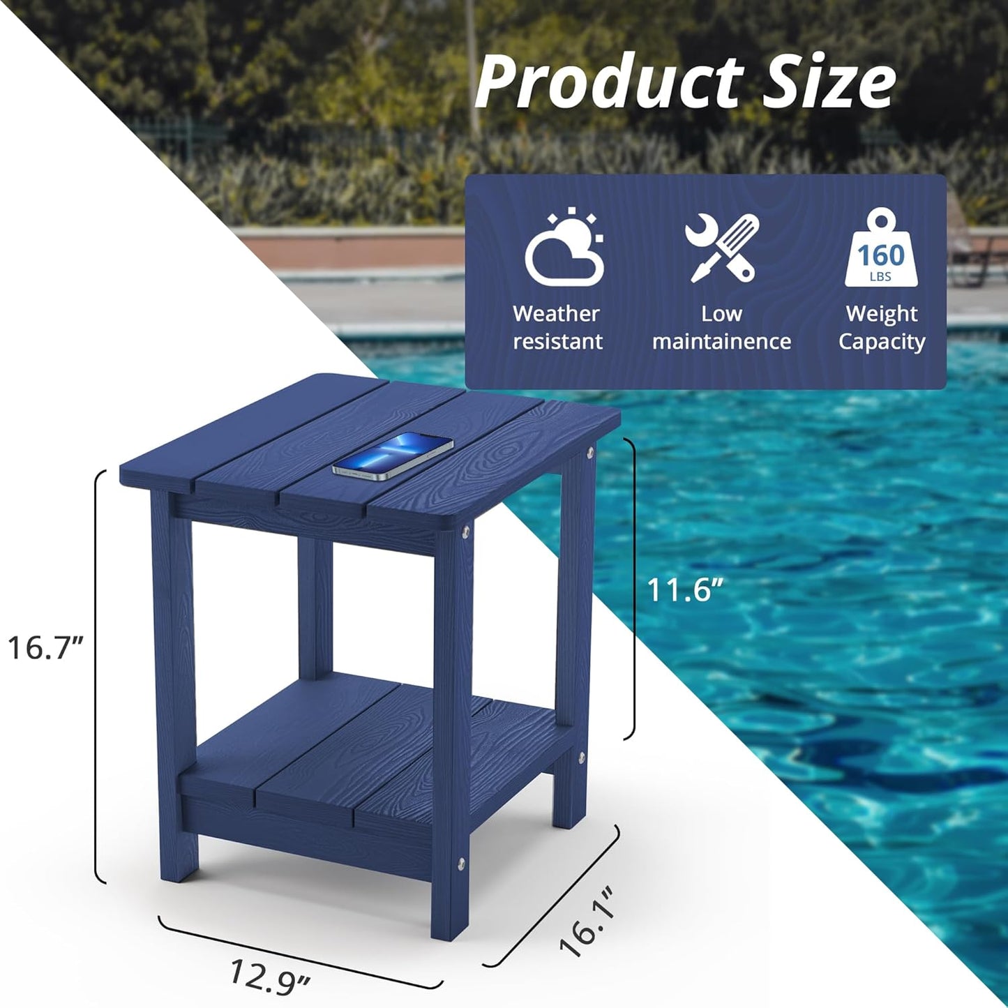 LUE BONA Adirondack Outdoor Side Table, 2-Tier Navy HDPS Patio End Table Weather Resistant, Morden Side Table for Patio, Pool, Porch