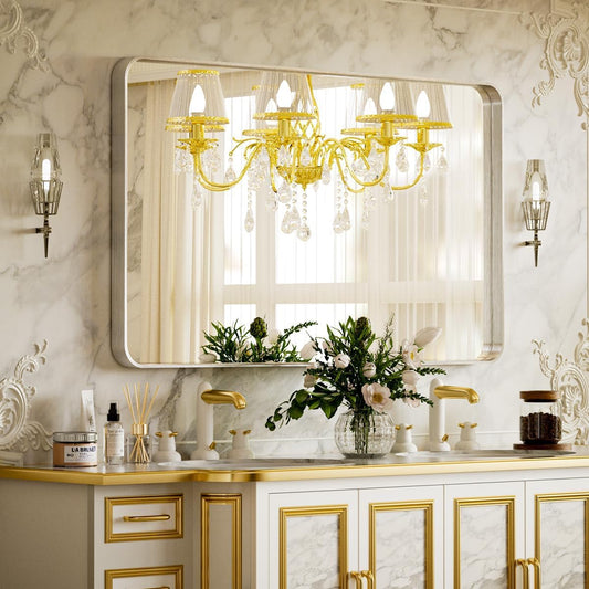 Bathroom Mirror 24x32 inch, Silver Gorgeous Deep Frame Wall Mirror, Modern Round Corner Bathroom Vanity Mirror for Bedroom, Living Room, Hanging or Leaning Horizontal or Vertical, Silver