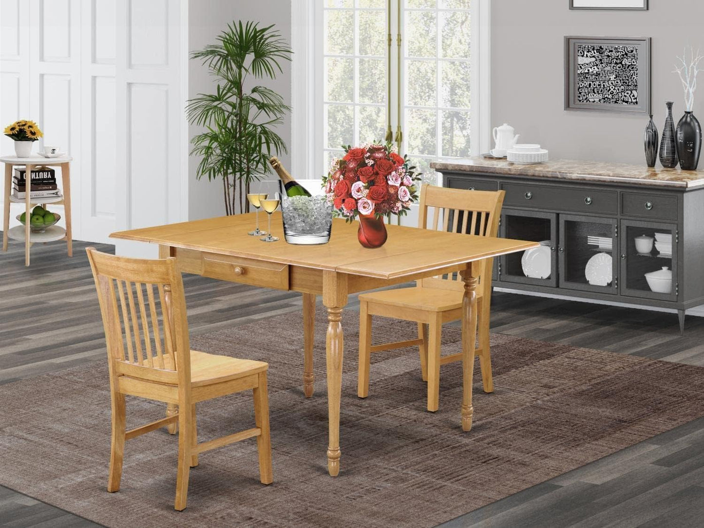 East West Furniture MZNO3-OAK-W 3 Piece Kitchen Table Set for Small Spaces Contains a Rectangle Dining Room Table with Dropleaf and 2 Solid Wood Seat Chairs, 36x54 Inch, Oak