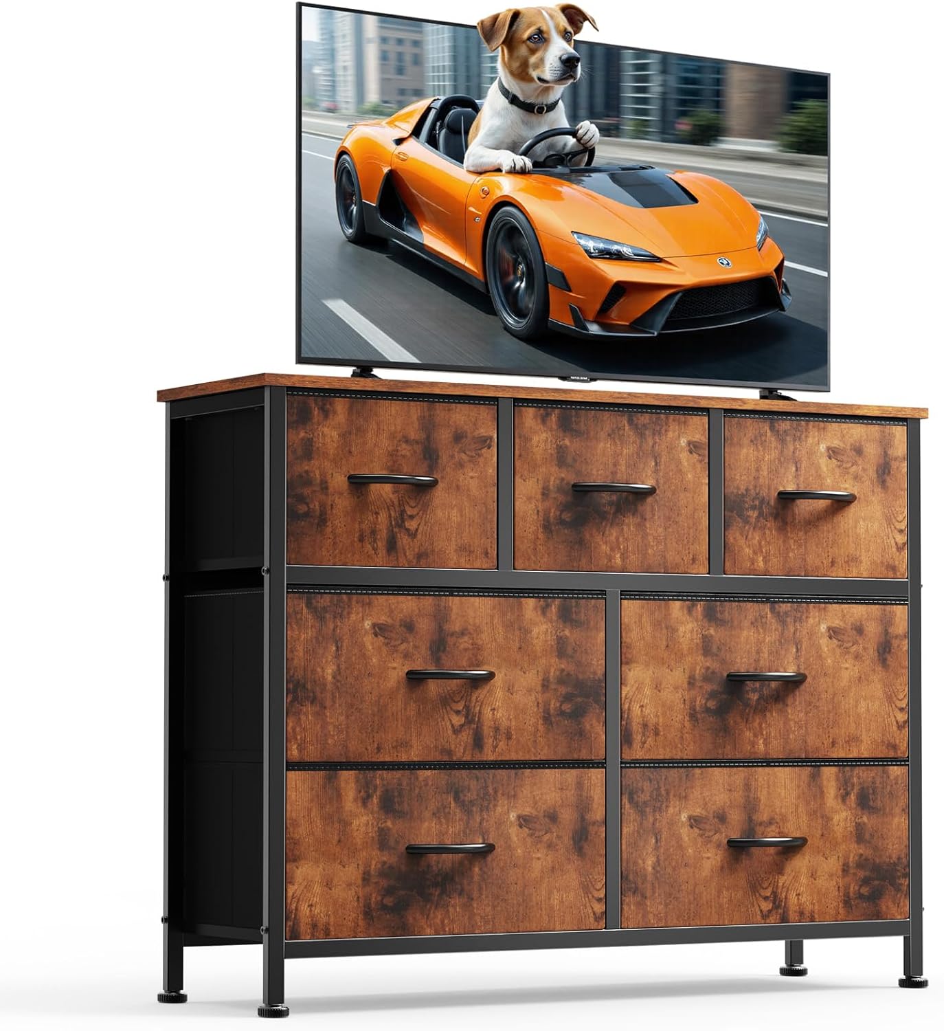 DUMOS Dresser for Bedroom with 7 Drawers, Storage Organizer Units Furniture, Chest Tower TV Stand with Fabric Bins, Metal Frame, Wooden Top for Nursery, Living Room, Bedroom, Closet, Brown