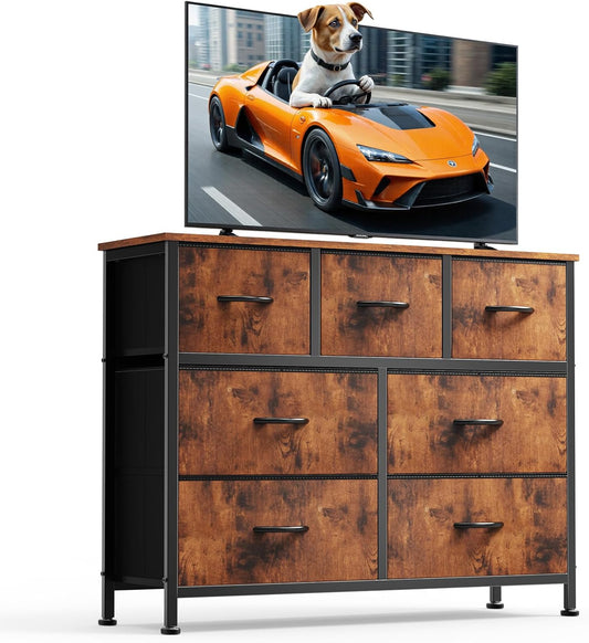 DUMOS Dresser for Bedroom with 7 Drawers, Storage Organizer Units Furniture, Chest Tower TV Stand with Fabric Bins, Metal Frame, Wooden Top for Nursery, Living Room, Bedroom, Closet, Brown