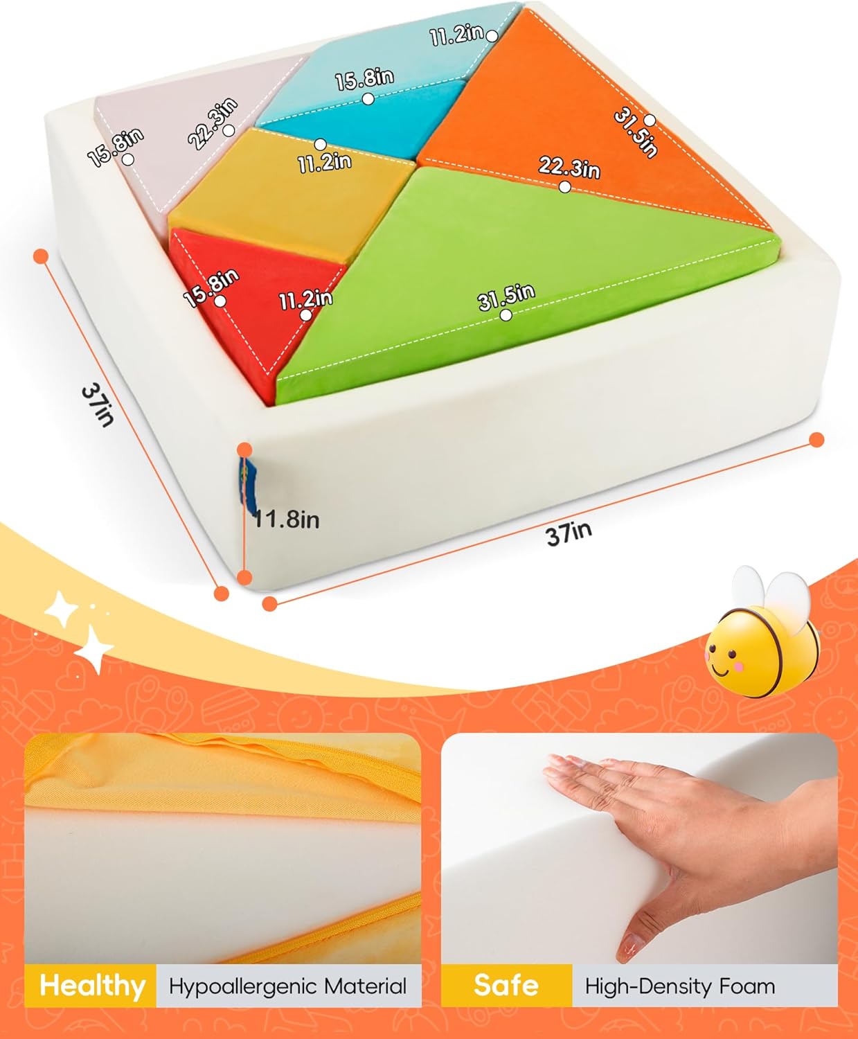 Kids Play Sofa, Tangram Square Puzzles Couch Furniture, Modular Kids Play Couchs Furniture, Puzzle Solving Couch Building Fort for Playroom Bedroom Boys Girls Teens, Rainbow