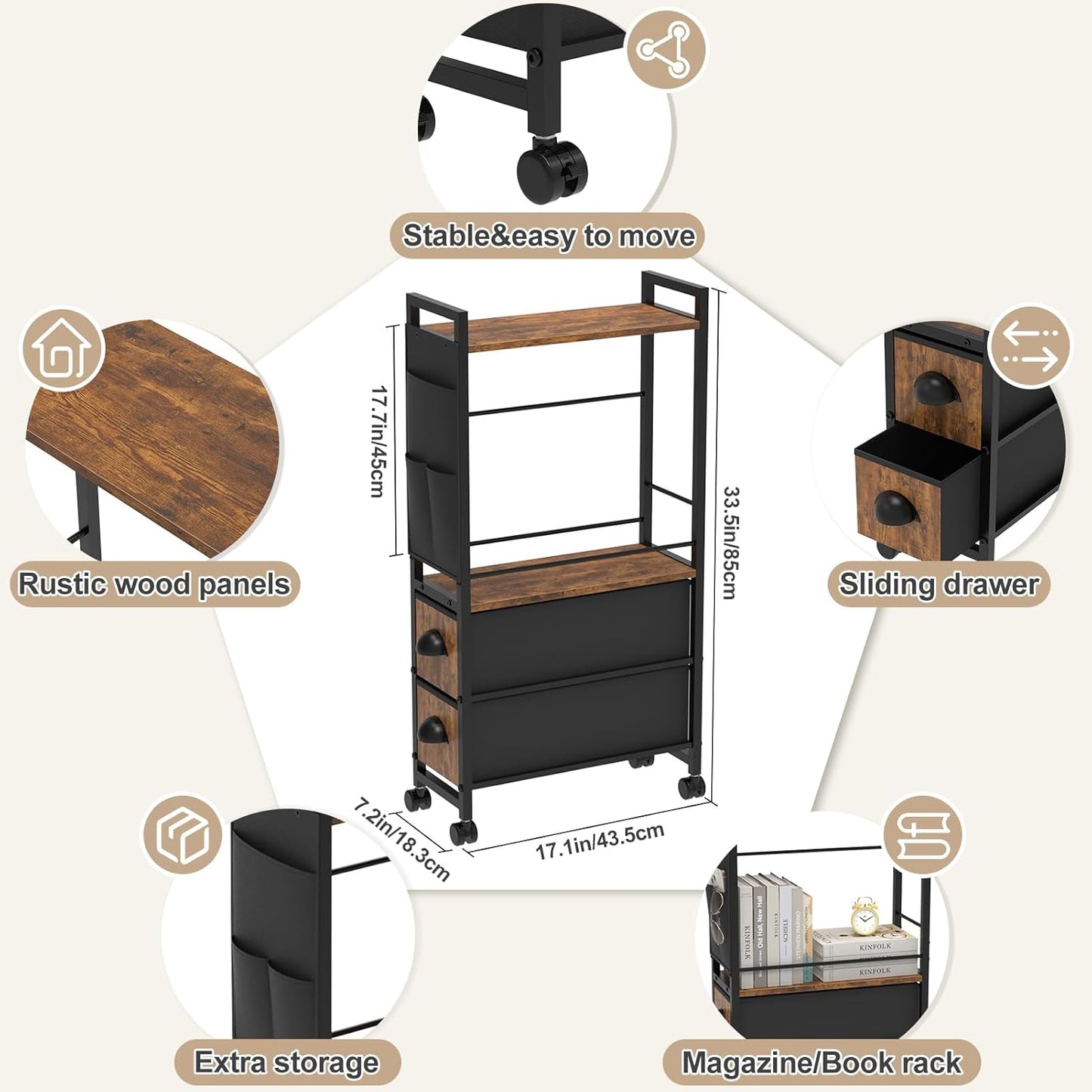 Narrow Side Tables with 2 Drawer for Small Spaces, Skinny Thin Bedside Nightstand End Table on Wheels, Rolling Slim Tall Desk with Storage Bag for Sofa Living Room Dorm Bedroom Couch Bathroom