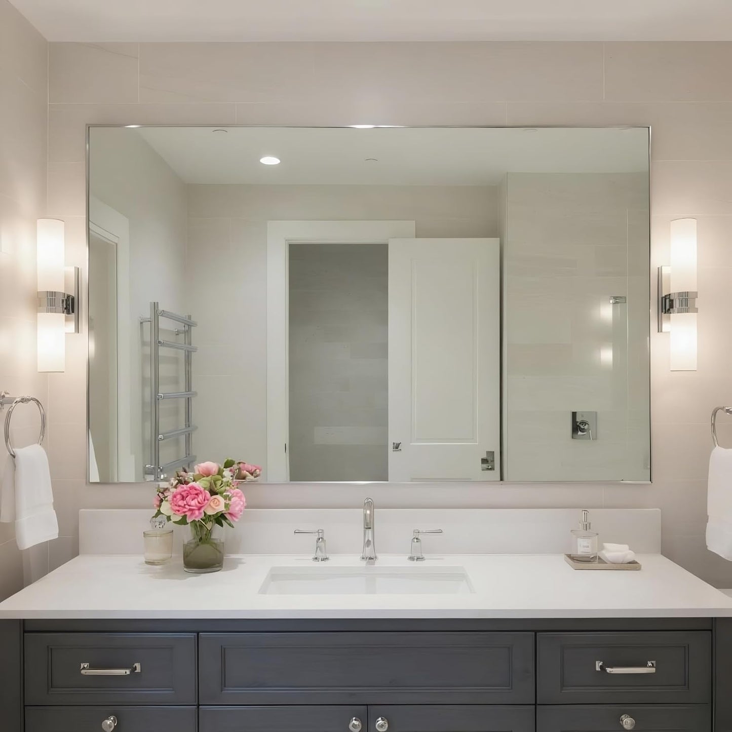 24x40 Inch Nickel Bathroom Mirror for Wall, Aluminum Frame Rectangle Rectangular Vanity Mirror, Modern Large for Bedroom, Living Room, Horizontal or Vertical