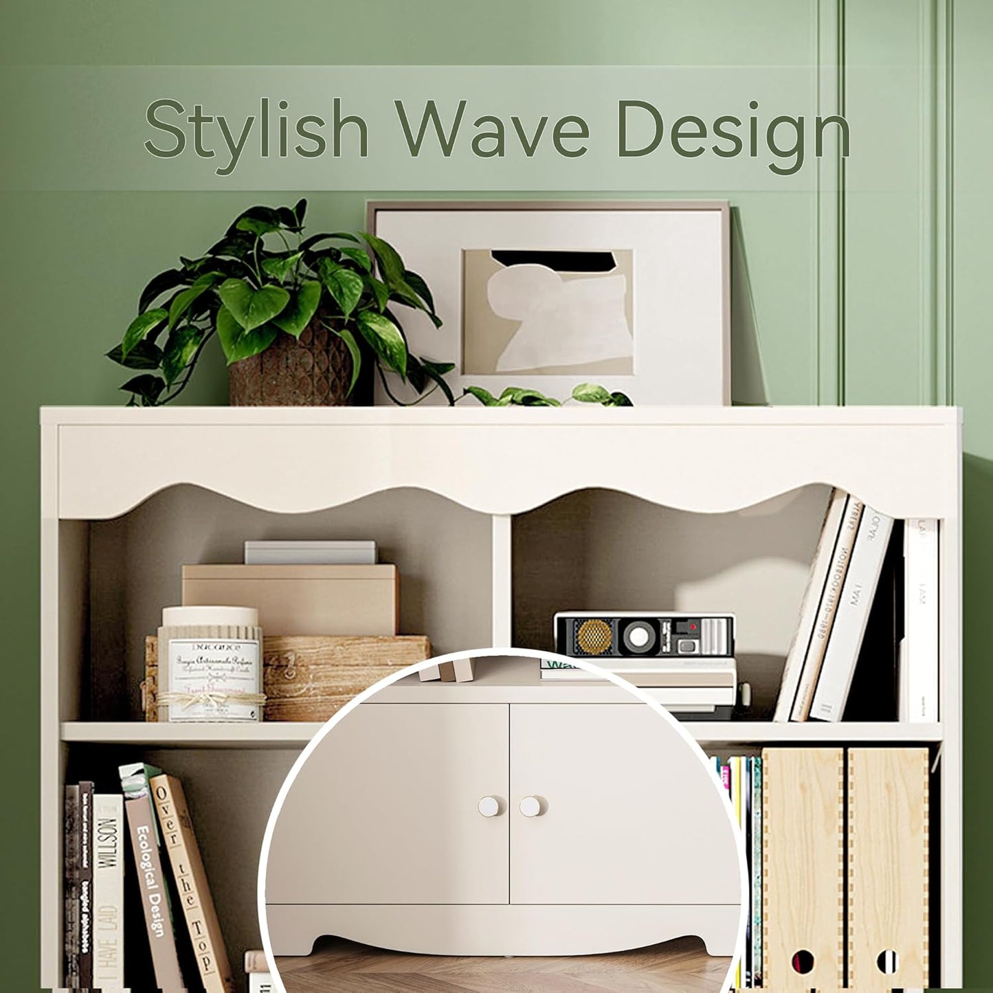 LINSY HOME 5 Shelf Bookcase Wooden, 63" Tall Bookshelf with Doors, Open Floor Standing Cube Shelf Bookcase Libreros, Beige Modern Book Shelf for Bedroom, Living Room, Home Office, White Oak